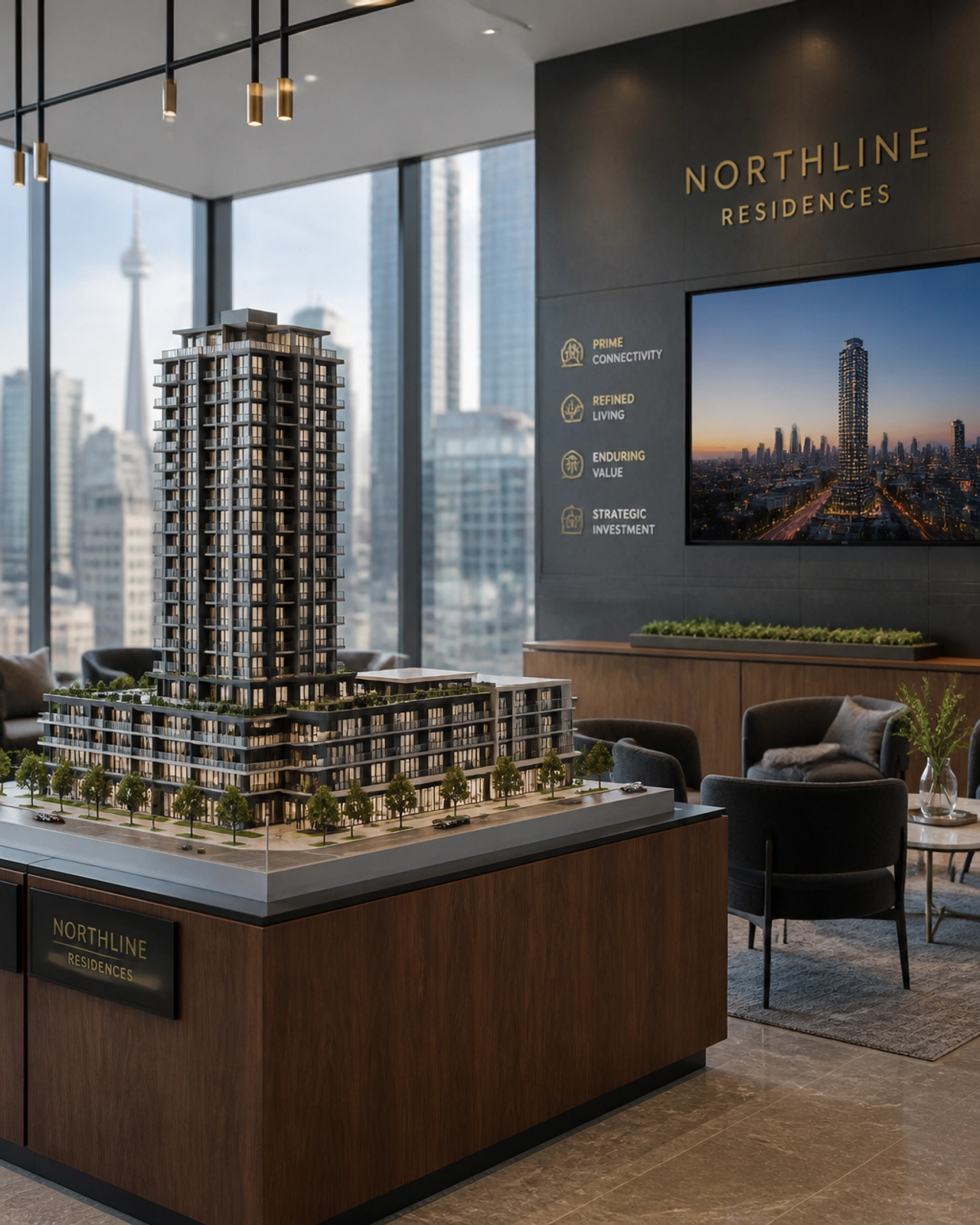 A modern condominium sales centre featuring an architectural model of a new building, representing strategic planning.