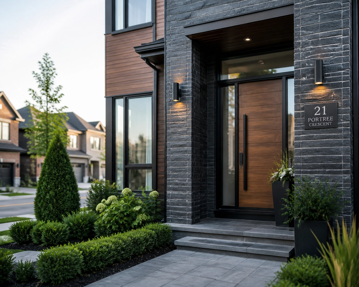 Modern luxury townhouse exterior in Vaughan, highlighting high-end freehold pre-construction real estate in Ontario.