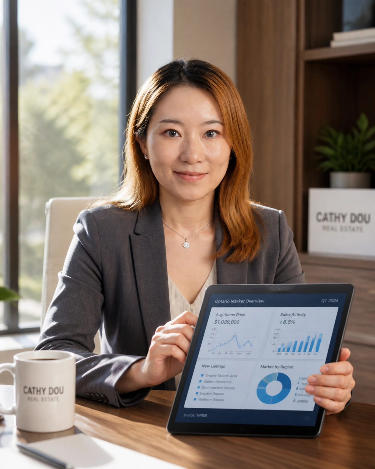 Cathy Dou, Broker of Record, 在现代化的办公室中分析2026年市场走势图表。