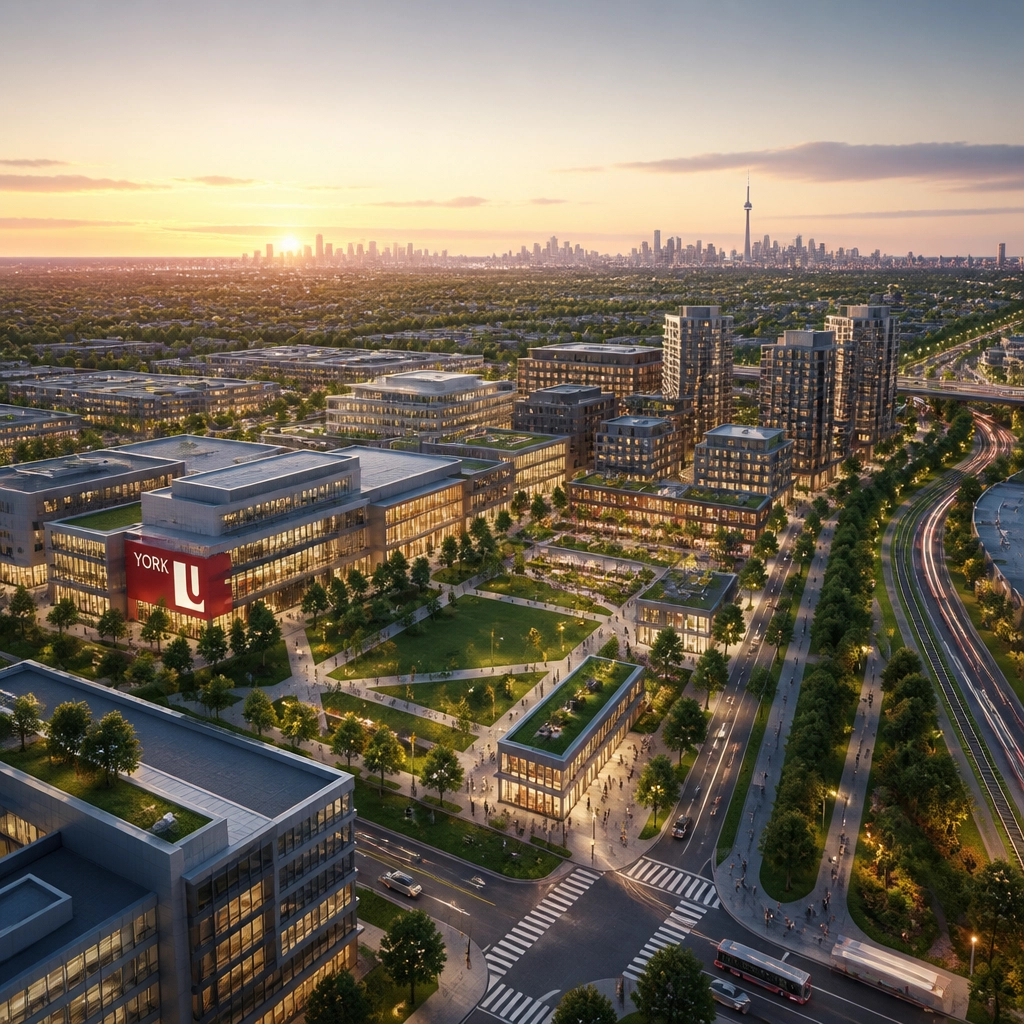 An artistic aerial representation of the York University Markham Campus integrated with modern urban planning.