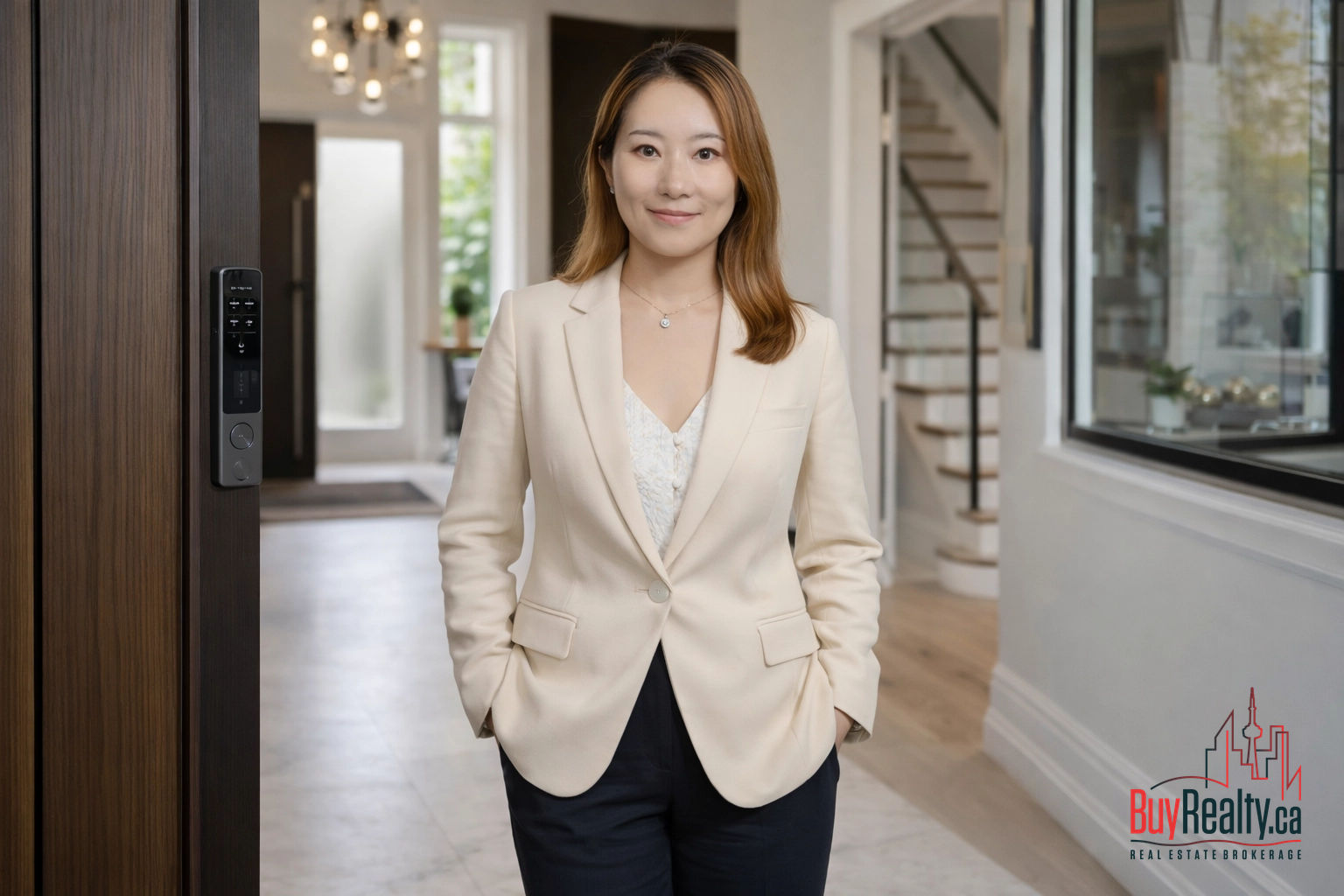 Professional real estate agent at front door