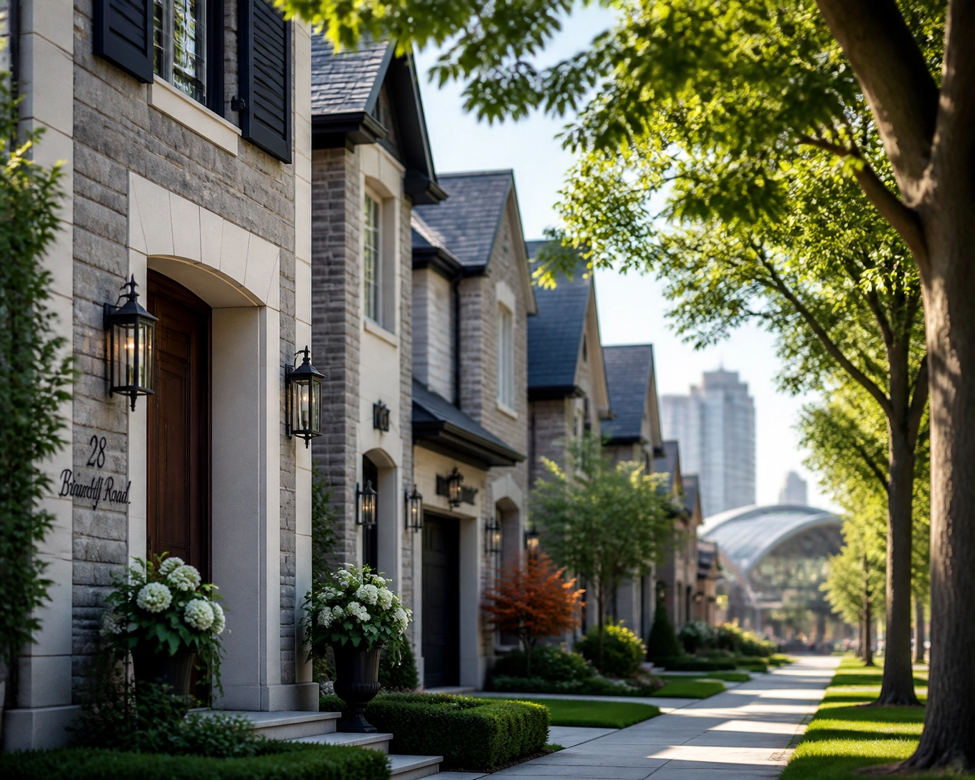 Tree-lined residential street in North York showcasing modern freehold family homes in Ontario.