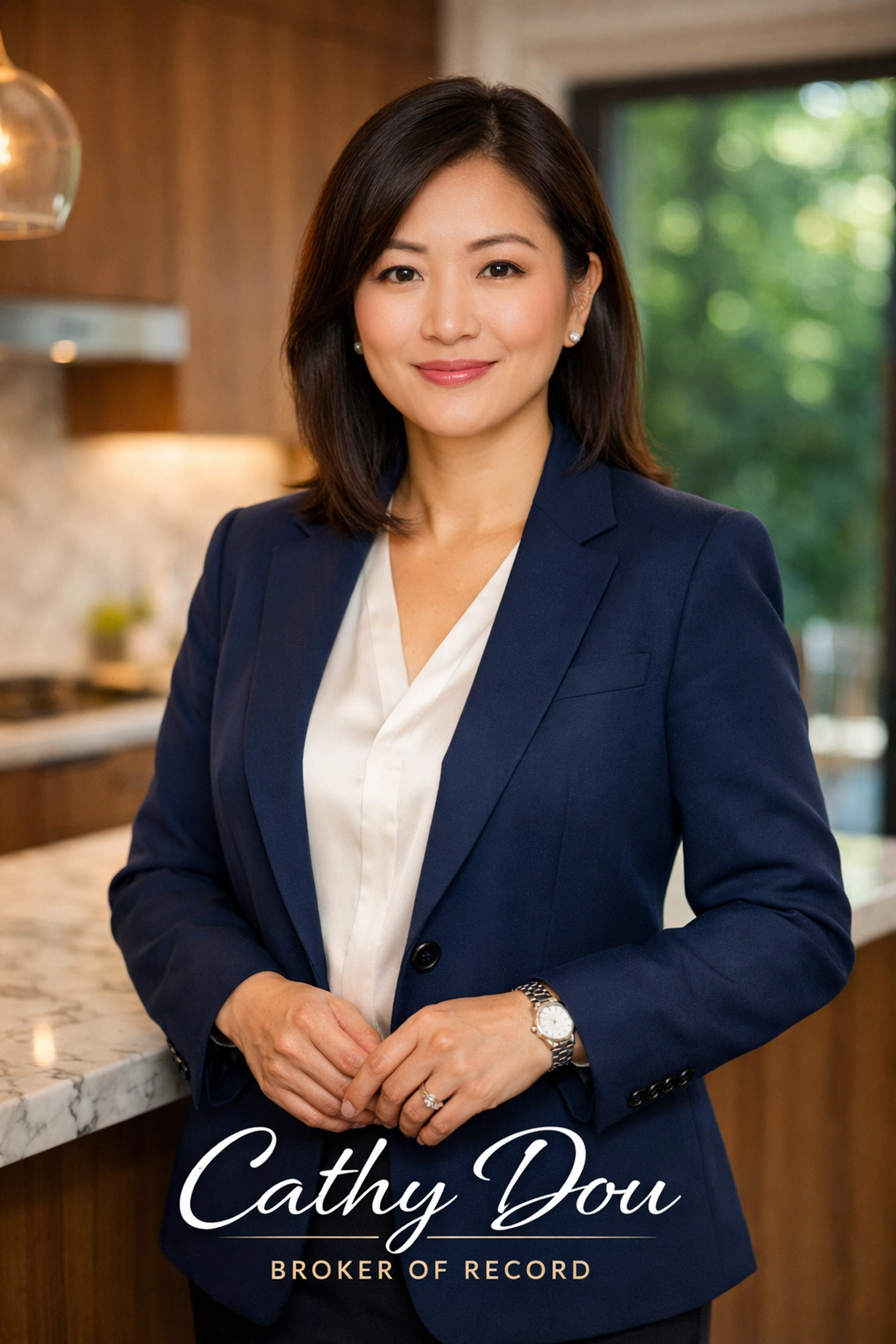 Cathy Dou, Broker of Record at BuyRealty.ca, providing expert real estate guidance in a modern luxury kitchen.