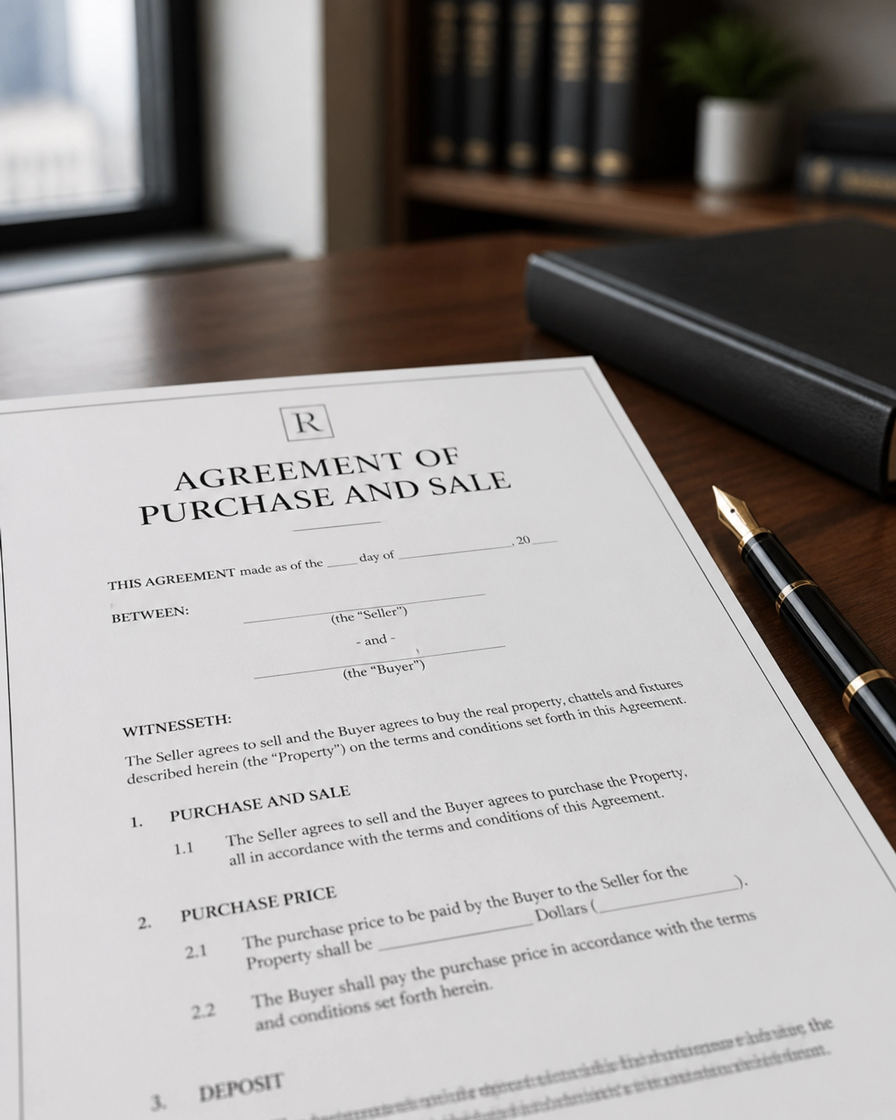 A close-up of a real estate agreement and a luxury pen, symbolizing the strategic and legal precision required in Ontario real estate.