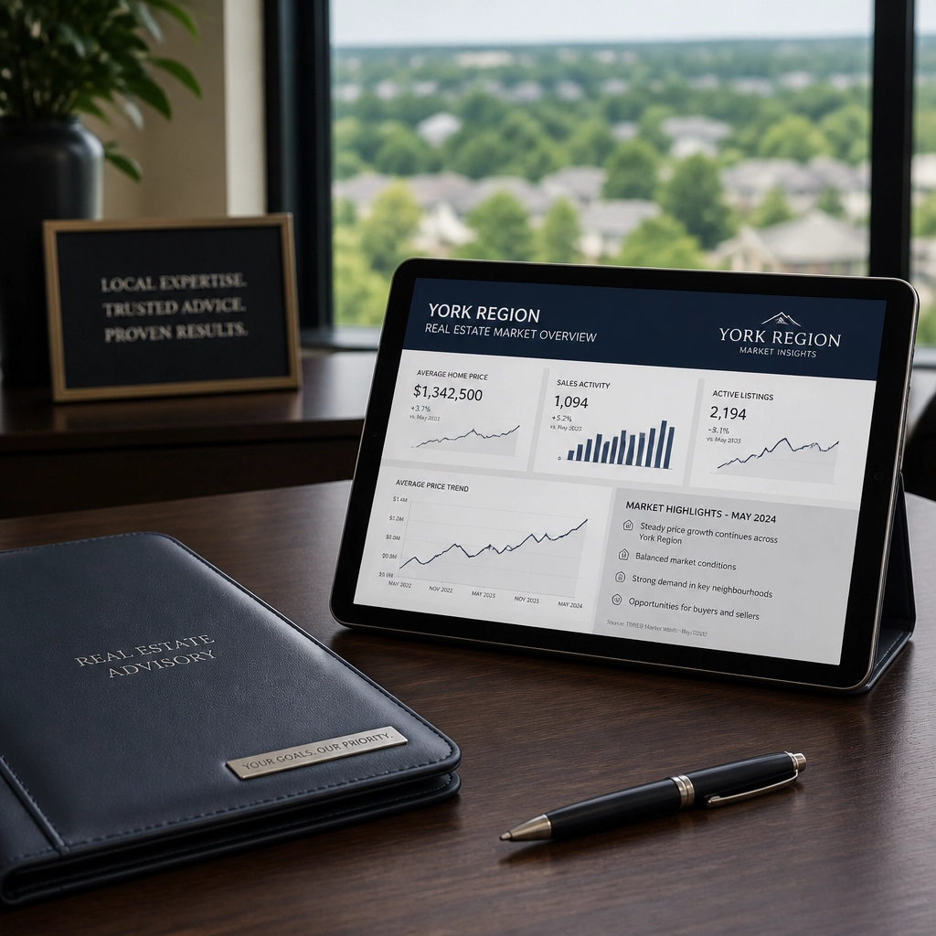 Professional consultation scene with market charts for York Region.