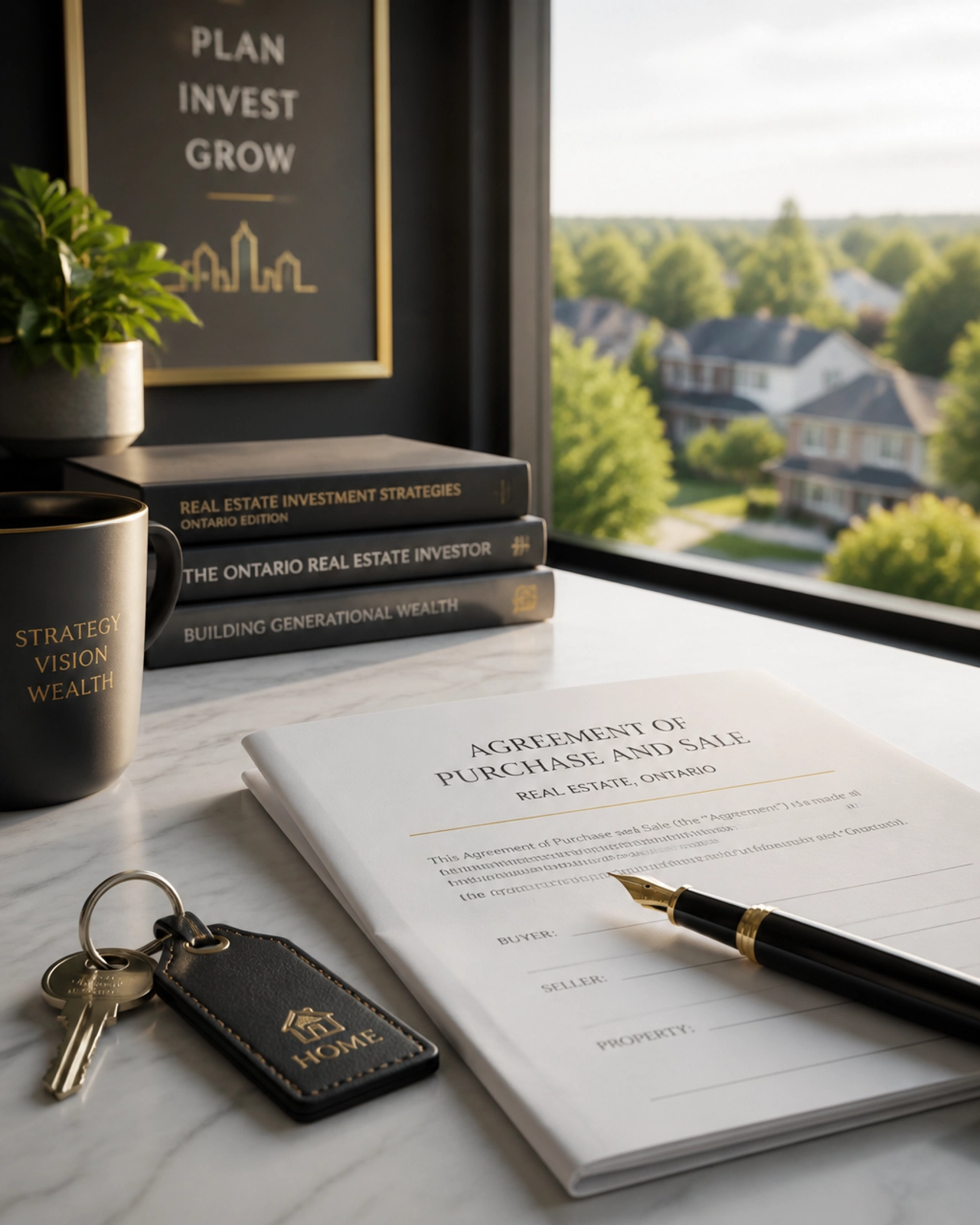 A strategic view of real estate investment tools including an Agreement of Purchase and Sale and keys