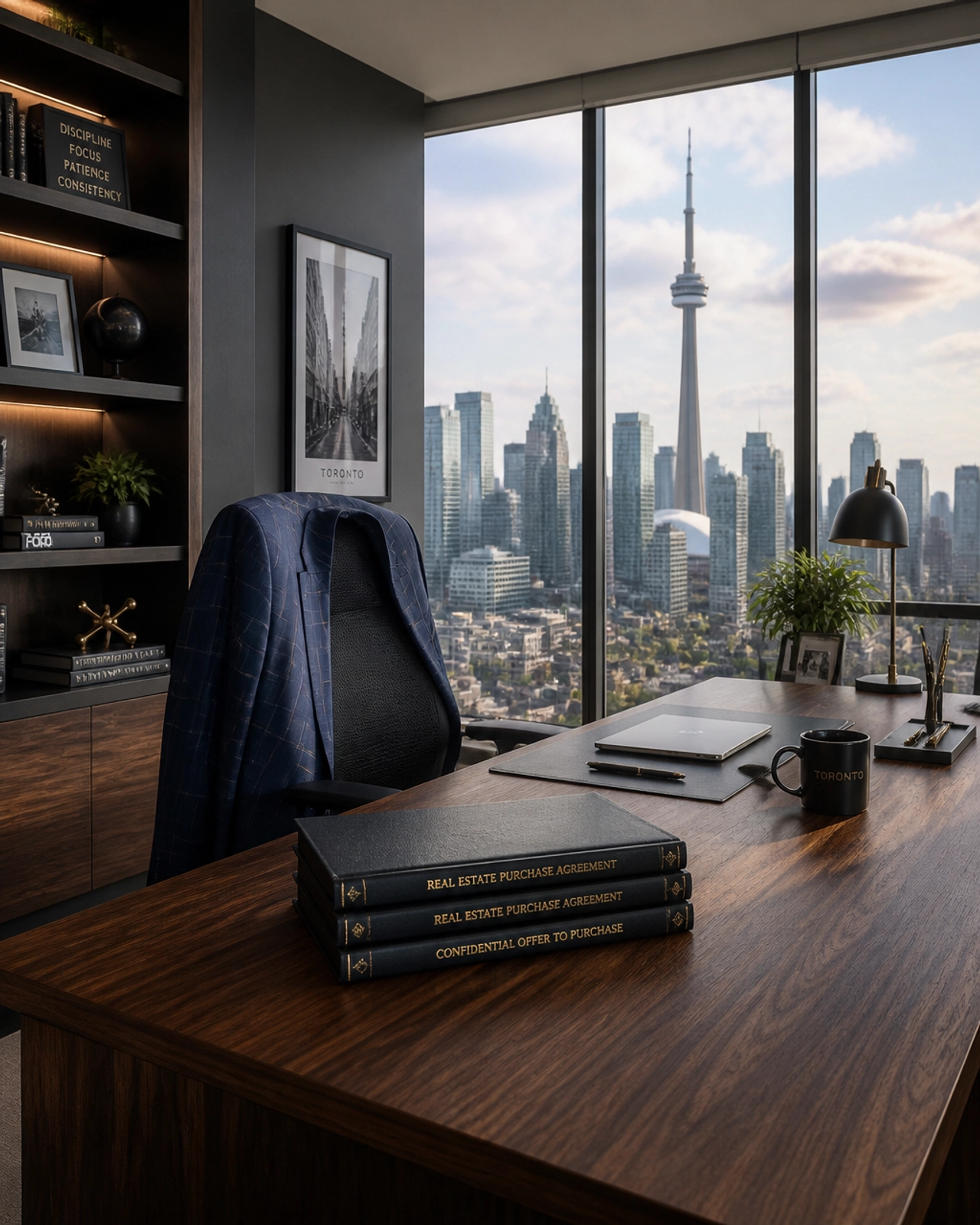 Modern sophisticated home office in Toronto with a view of the CN Tower, symbolizing professional real estate strategy