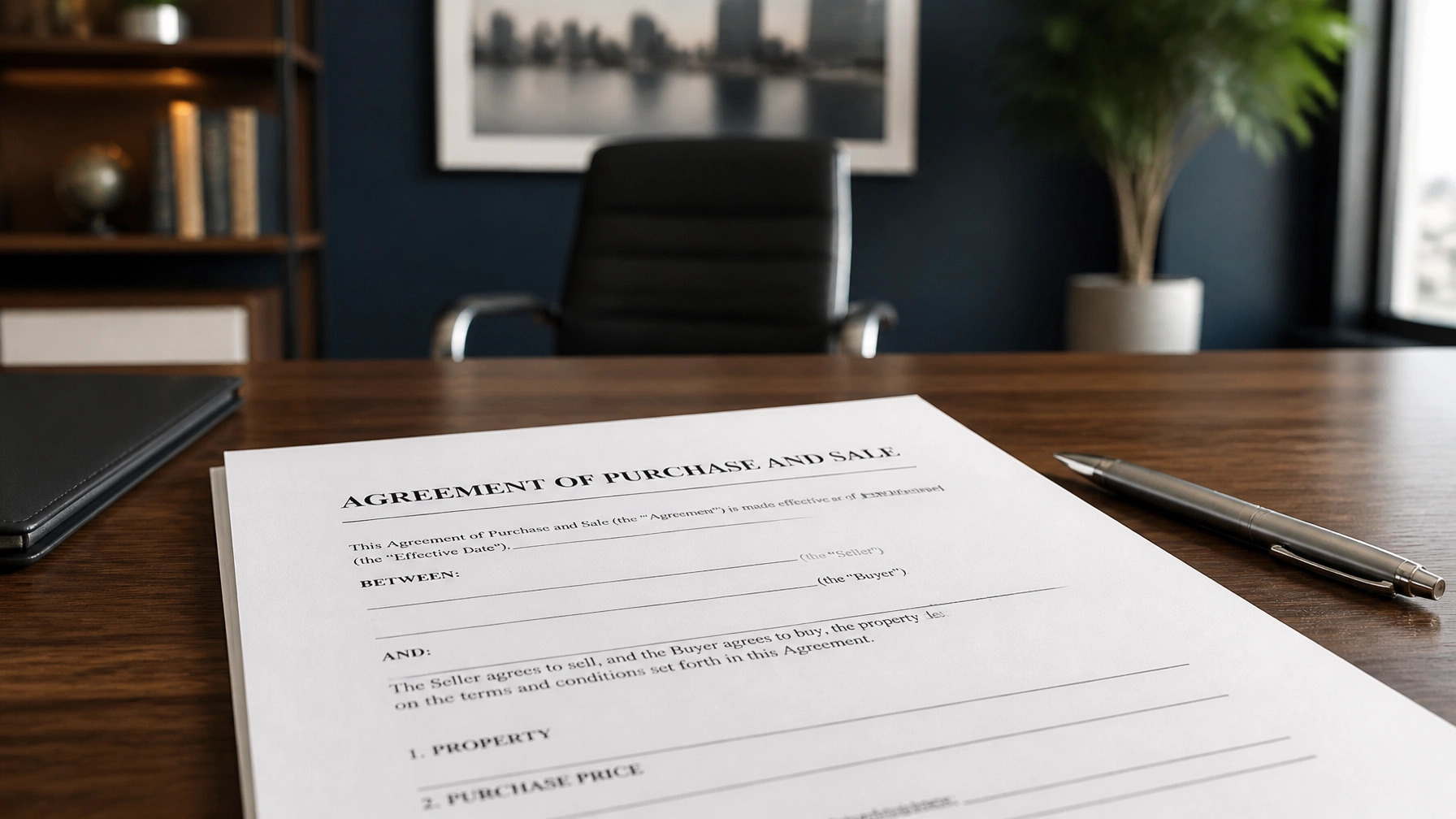 A legal real estate document, 'Agreement of Purchase and Sale', on a walnut desk, symbolizing professional oversight and trust.
