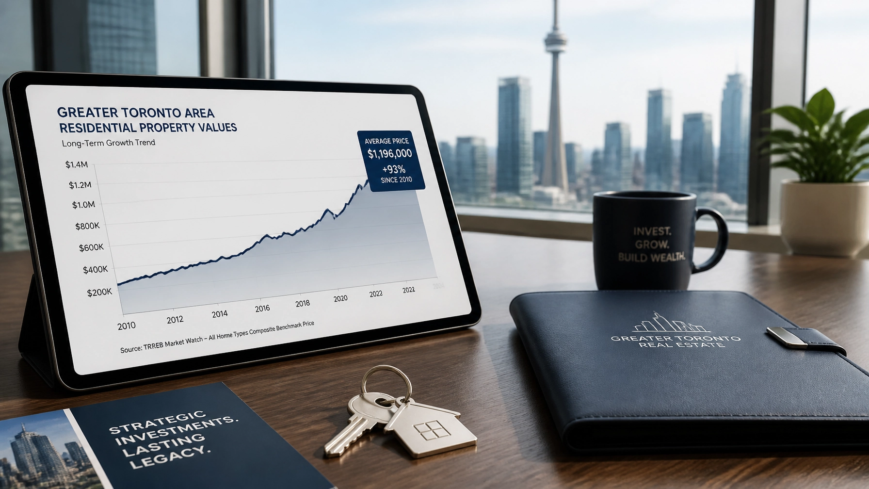 A conceptual image of real estate investment growth, featuring a tablet with a trend graph and house keys on a professional desk.