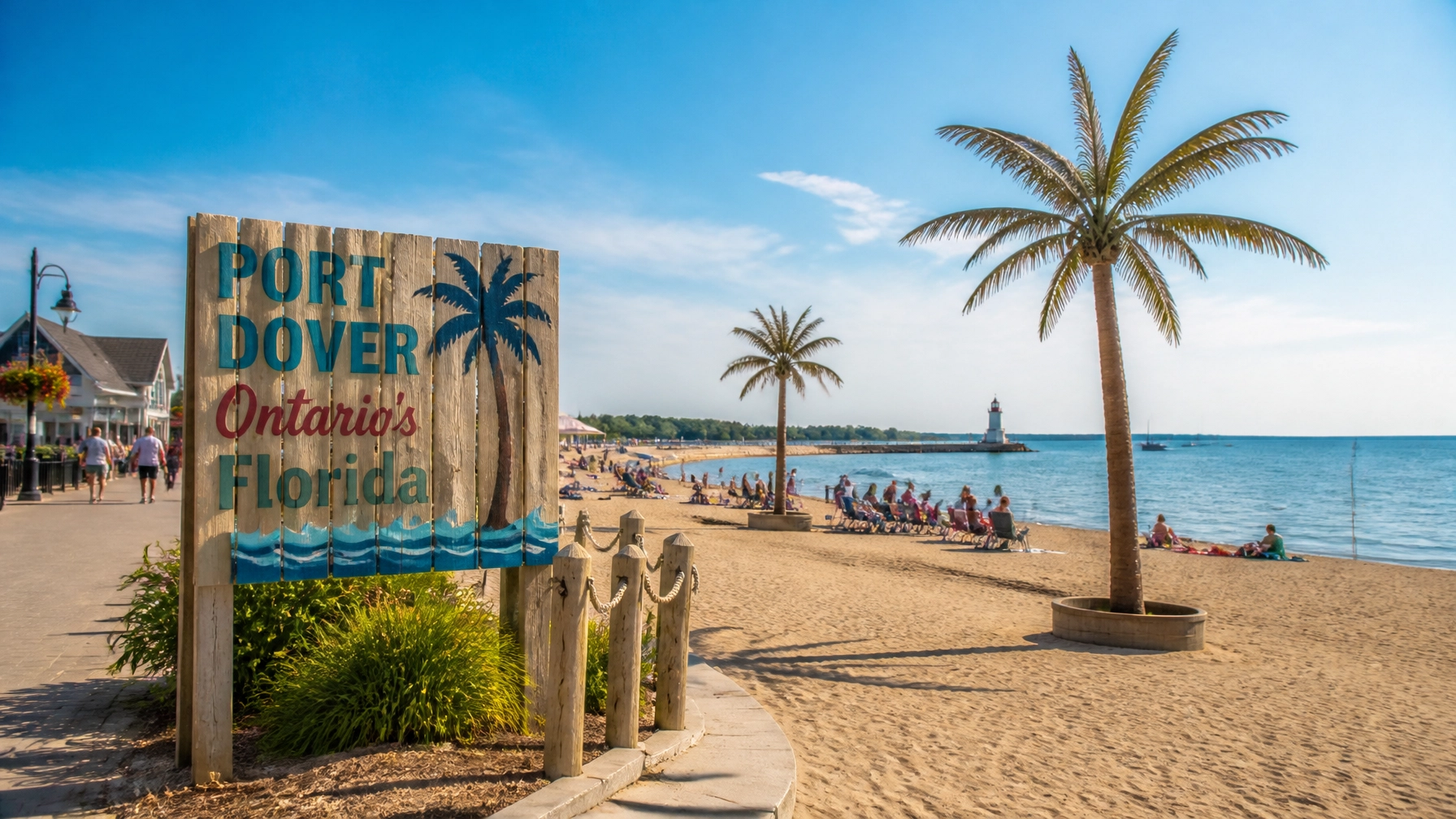 Scenic view of Port Dover Beach in Ontario with its famous palm trees and golden sand.