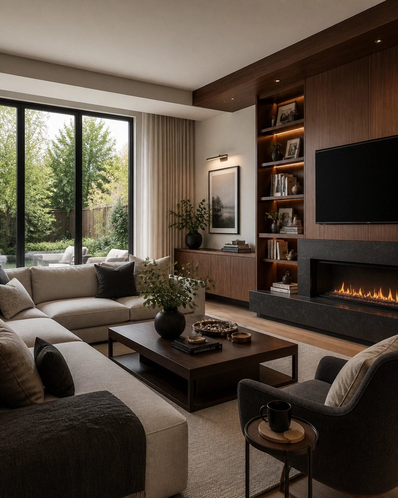 Modern interior of a Richmond Hill living room showing walnut wood accents and natural light.