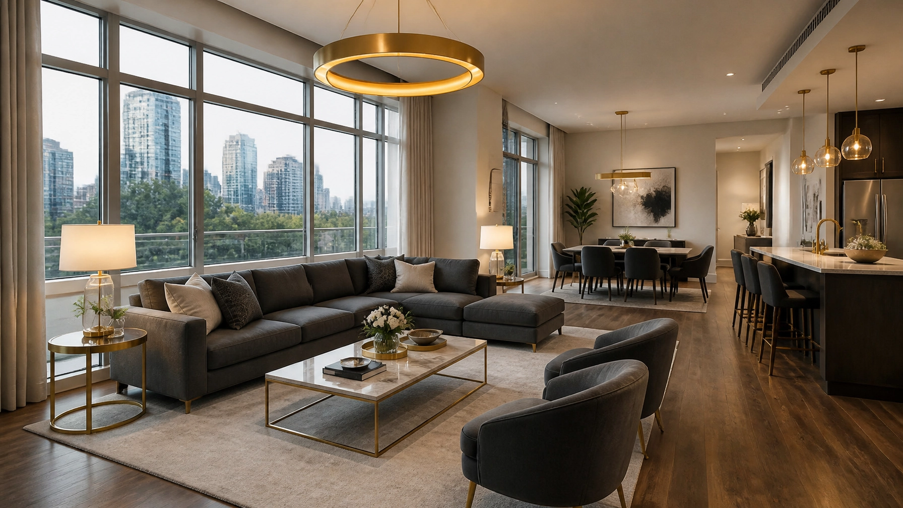 A sophisticated, open-concept luxury condo interior, showcasing the high-end lifestyle available to downsizers in Ontario.