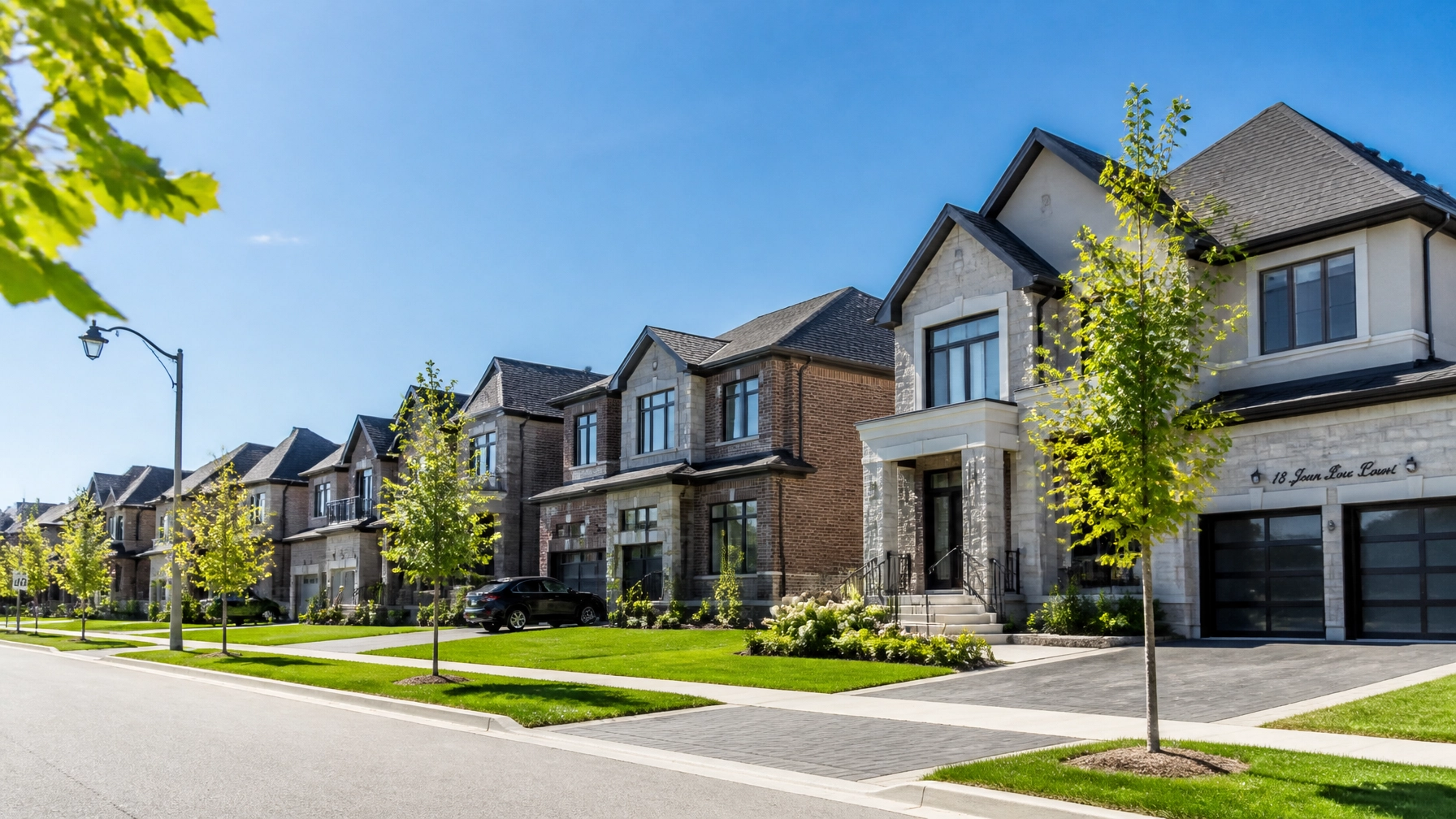 A modern residential street in a thriving Ontario neighborhood, showcasing the stability of local real estate.