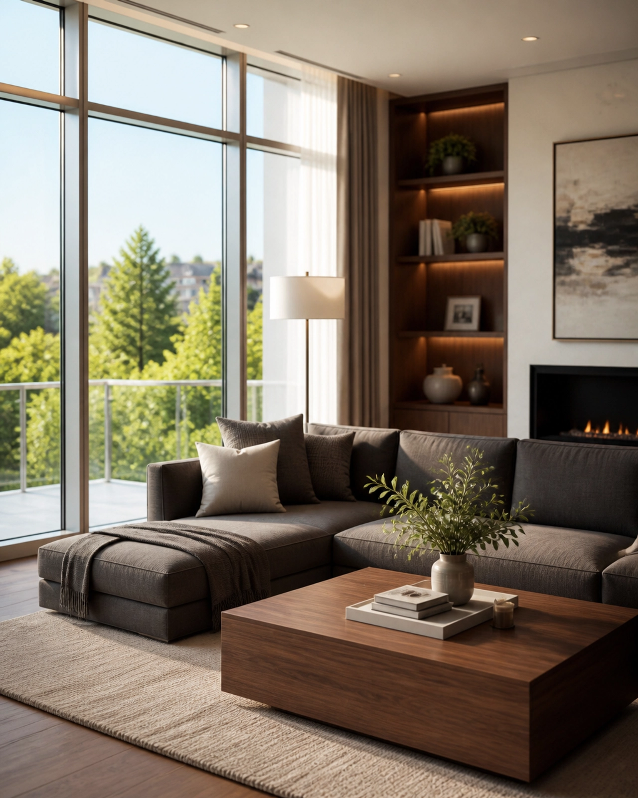 Modern luxury condominium interior in Markham with walnut wood accents