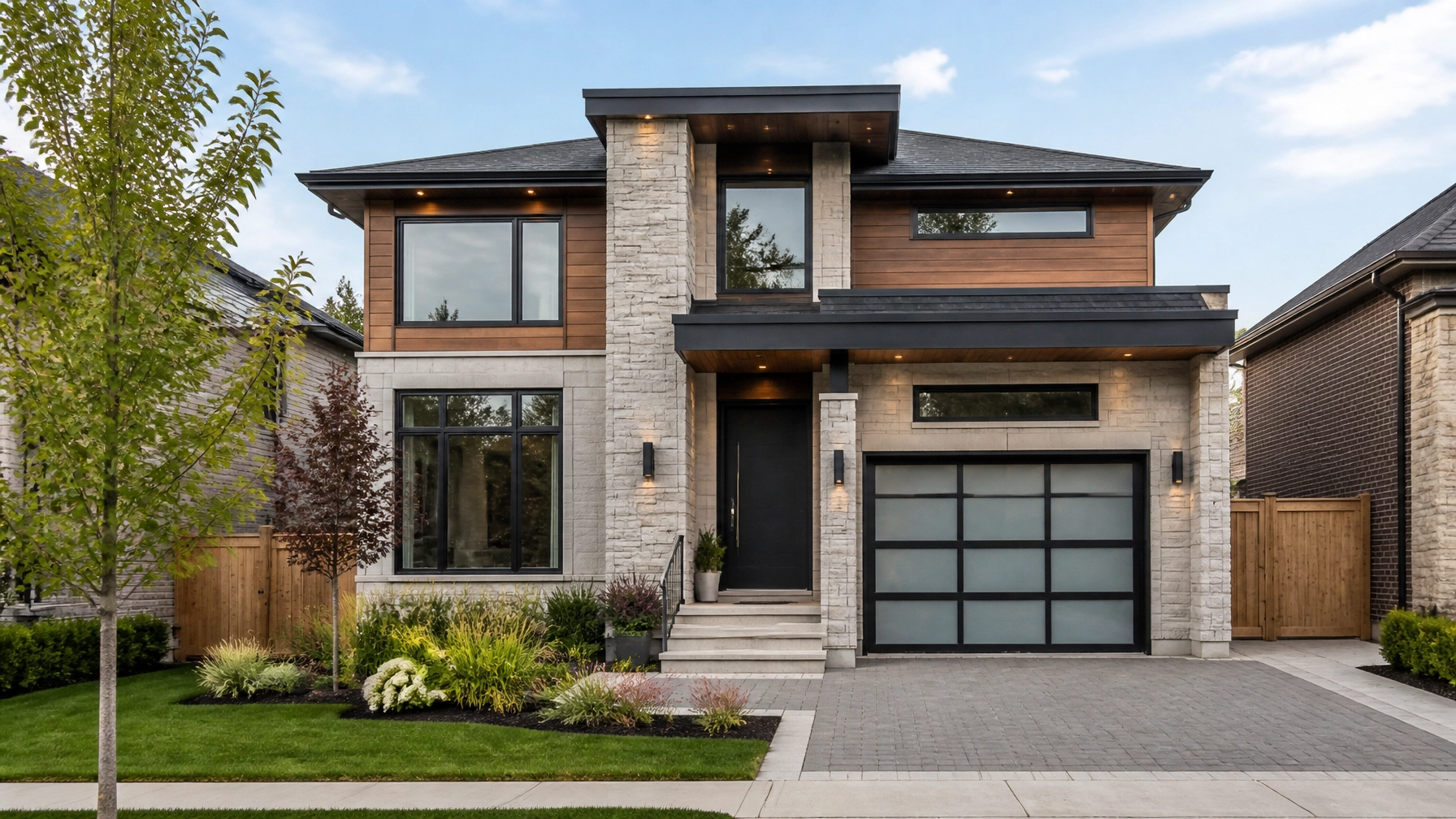 A modern, upscale detached family home in a suburban Ontario neighbourhood, showcasing the stable and aspirational lifestyle of the GTA.