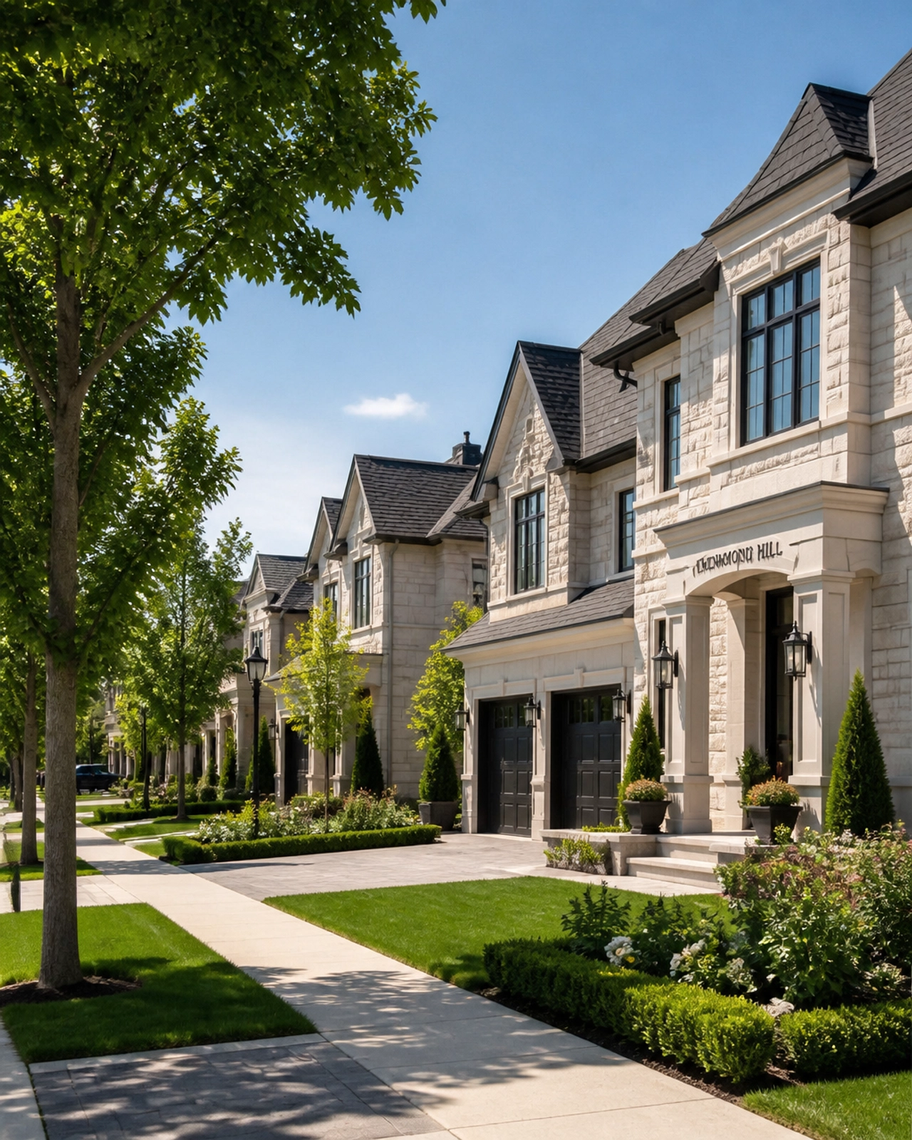 A prestigious residential street in Richmond Hill with modern homes and lush greenery