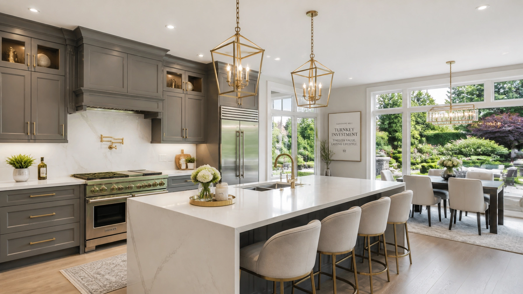 Luxury kitchen interior in a Richmond Hill home featuring pearl white marble and walnut wood accents