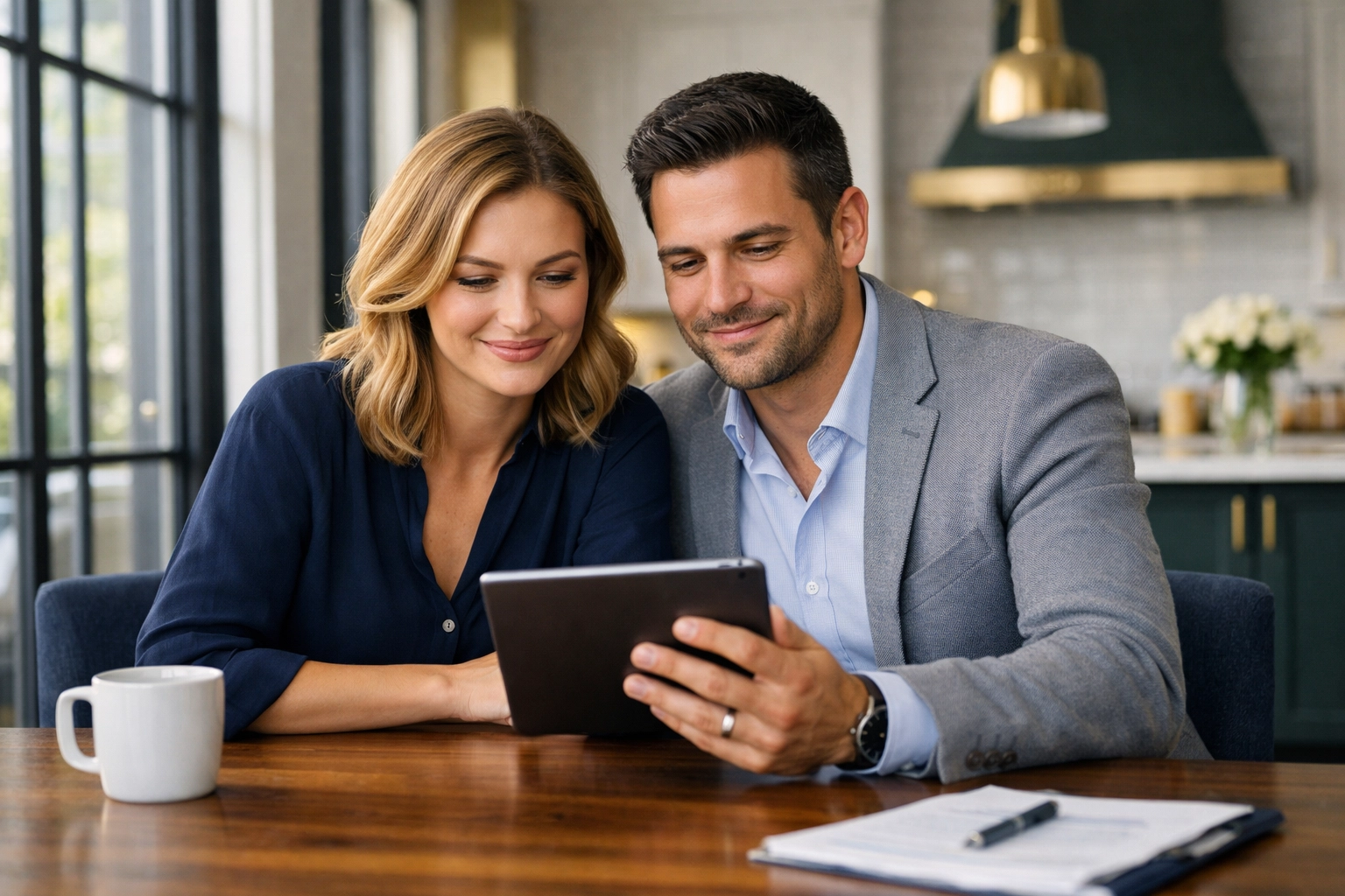 Ontario first time home buyer couple in a modern home, reviewing real estate options and incentives.