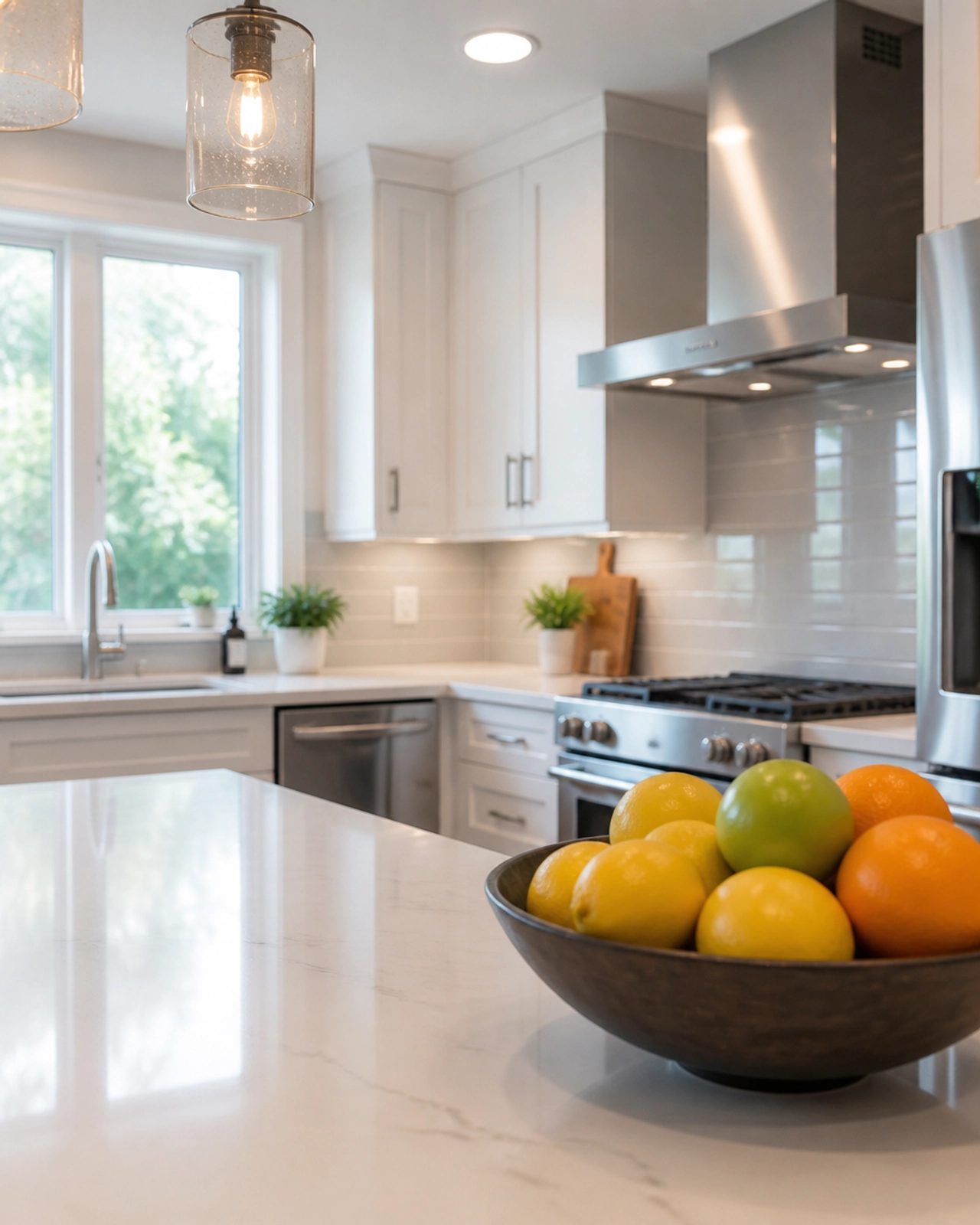 A modern, updated kitchen in a London, Ontario home, featuring quartz countertops and white cabinetry bathed in natural light.