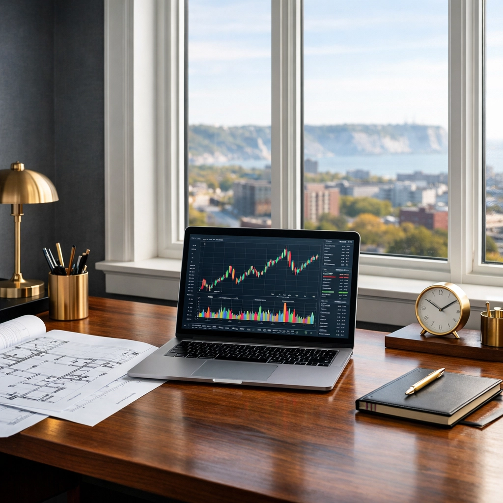 Real estate professional workspace with market analysis charts and architectural plans