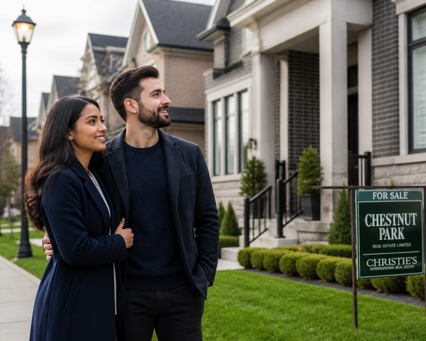 First-time buyers viewing a modern detached house in a quiet Vaughan neighbourhood, Ontario.