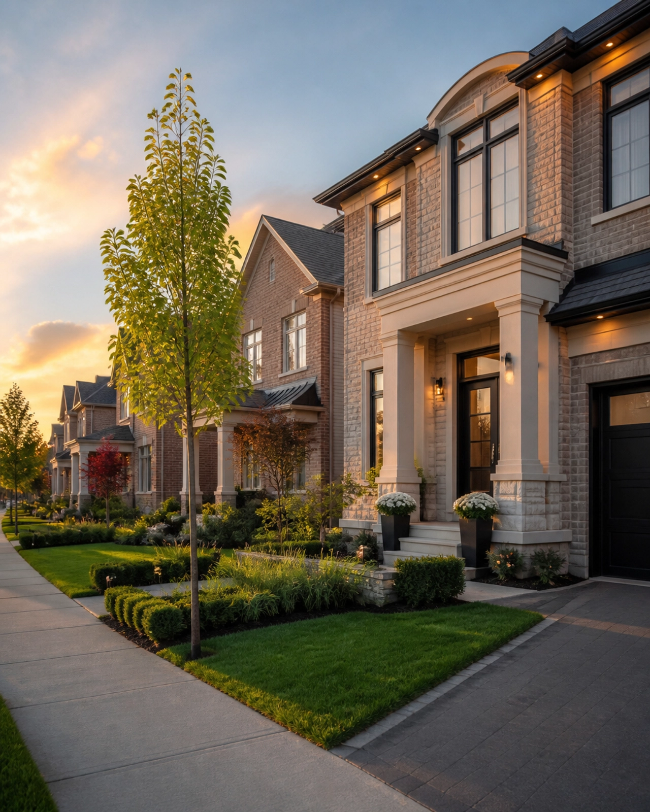 A high-end residential street in Richmond Hill featuring modern detached homes and professional landscaping