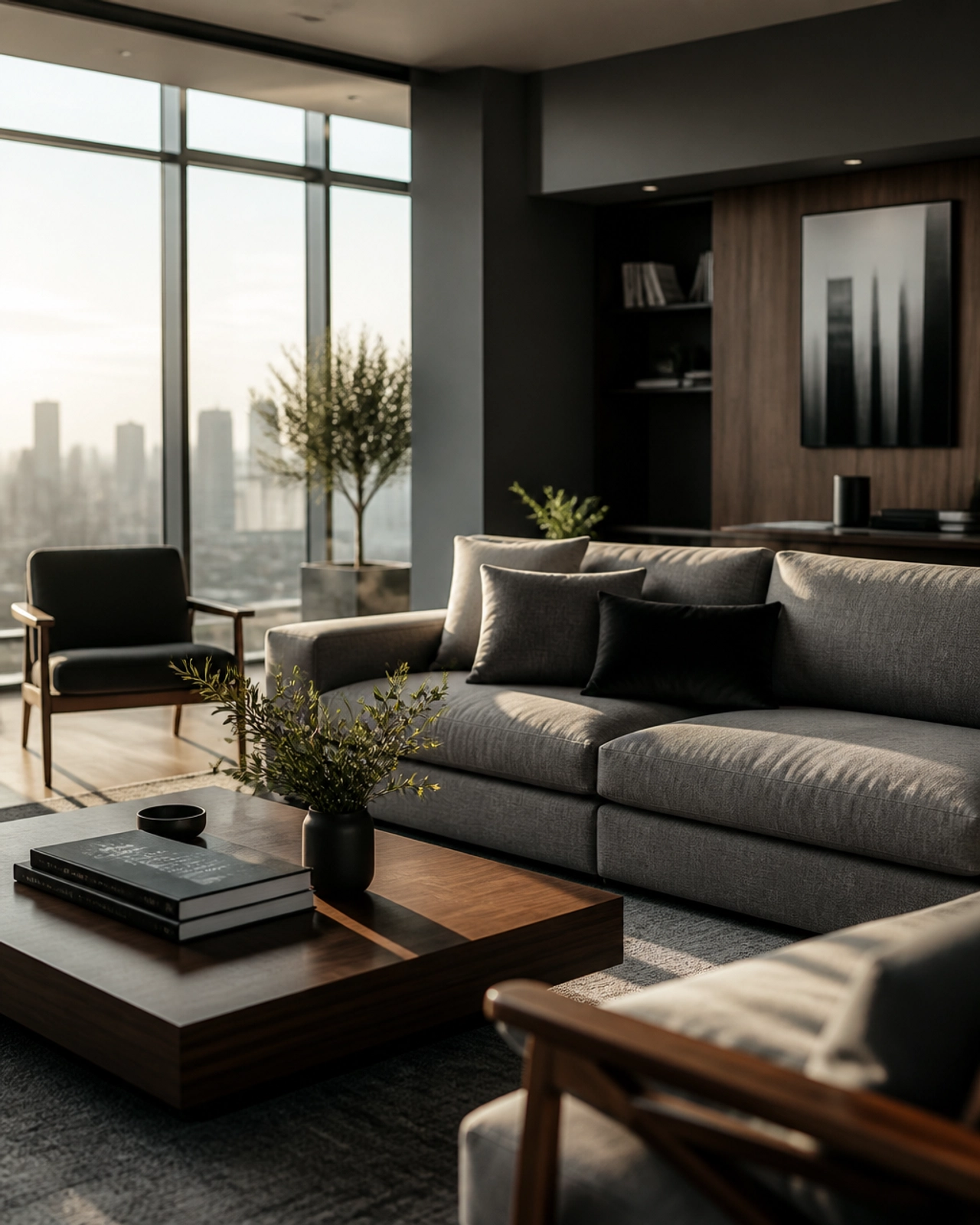 A sun-drenched, modern living room in a North York luxury home, featuring high-quality grey wool furniture and walnut accents, projecting a sense of order and strategy.