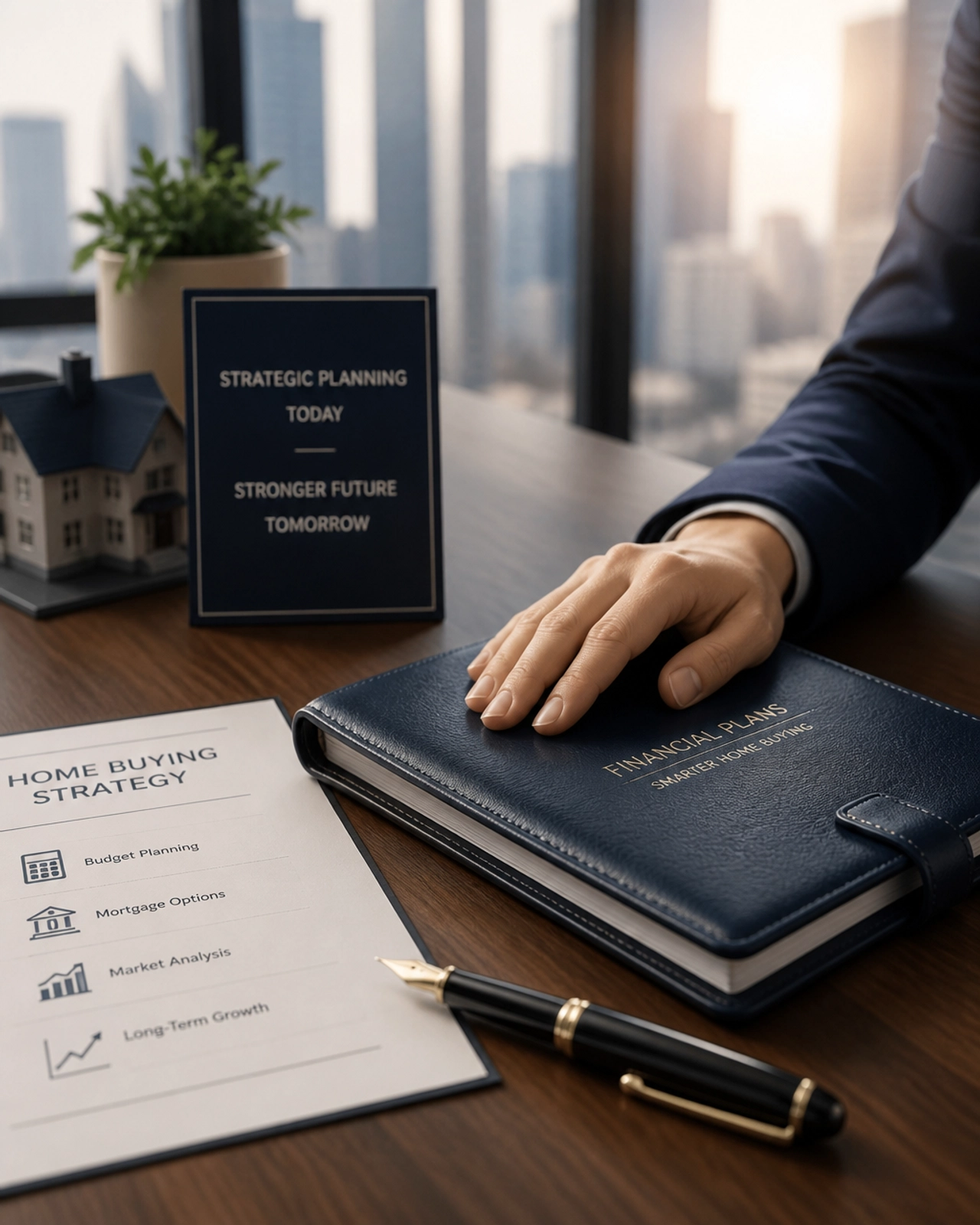 Close-up of a professional desk with a fountain pen and planner, symbolizing strategic financial planning.