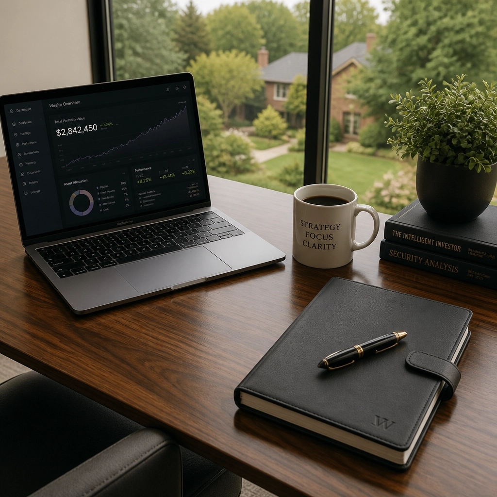 A minimalist luxury home office desk representing the strategic financial planning required for Ontario real estate decisions.