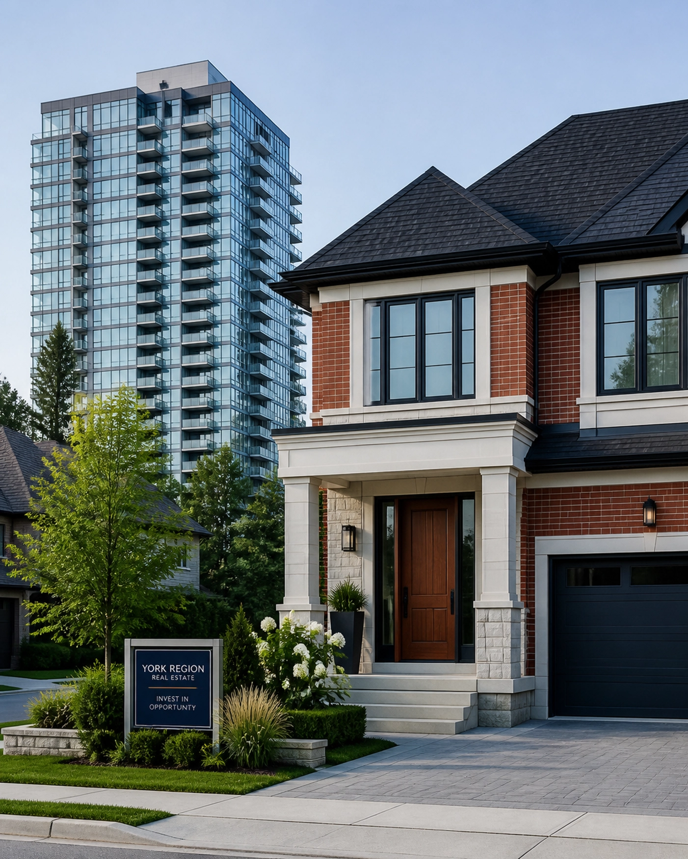 A modern York Region freehold house contrasted with a sleek condo tower, representing diverse GTA investment properties.