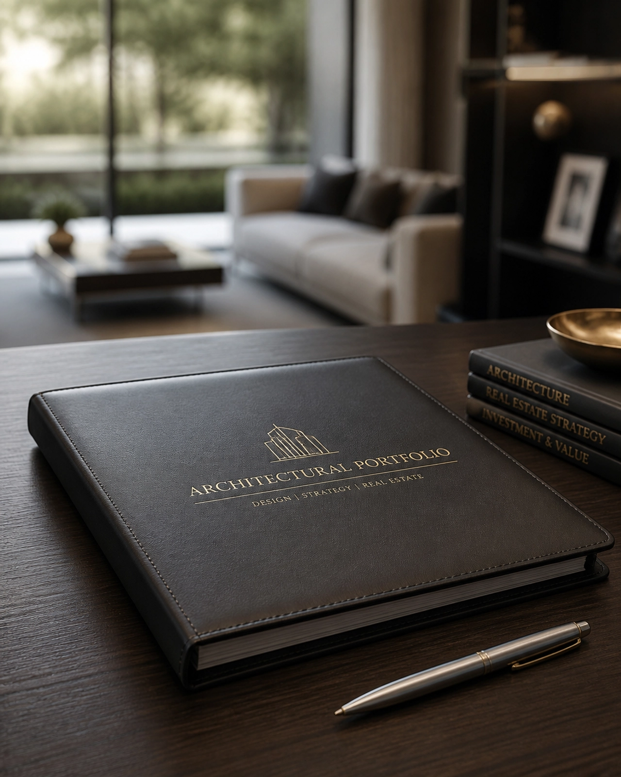 Professional real estate planning with an architectural portfolio on a walnut desk, reflecting strategic advice.