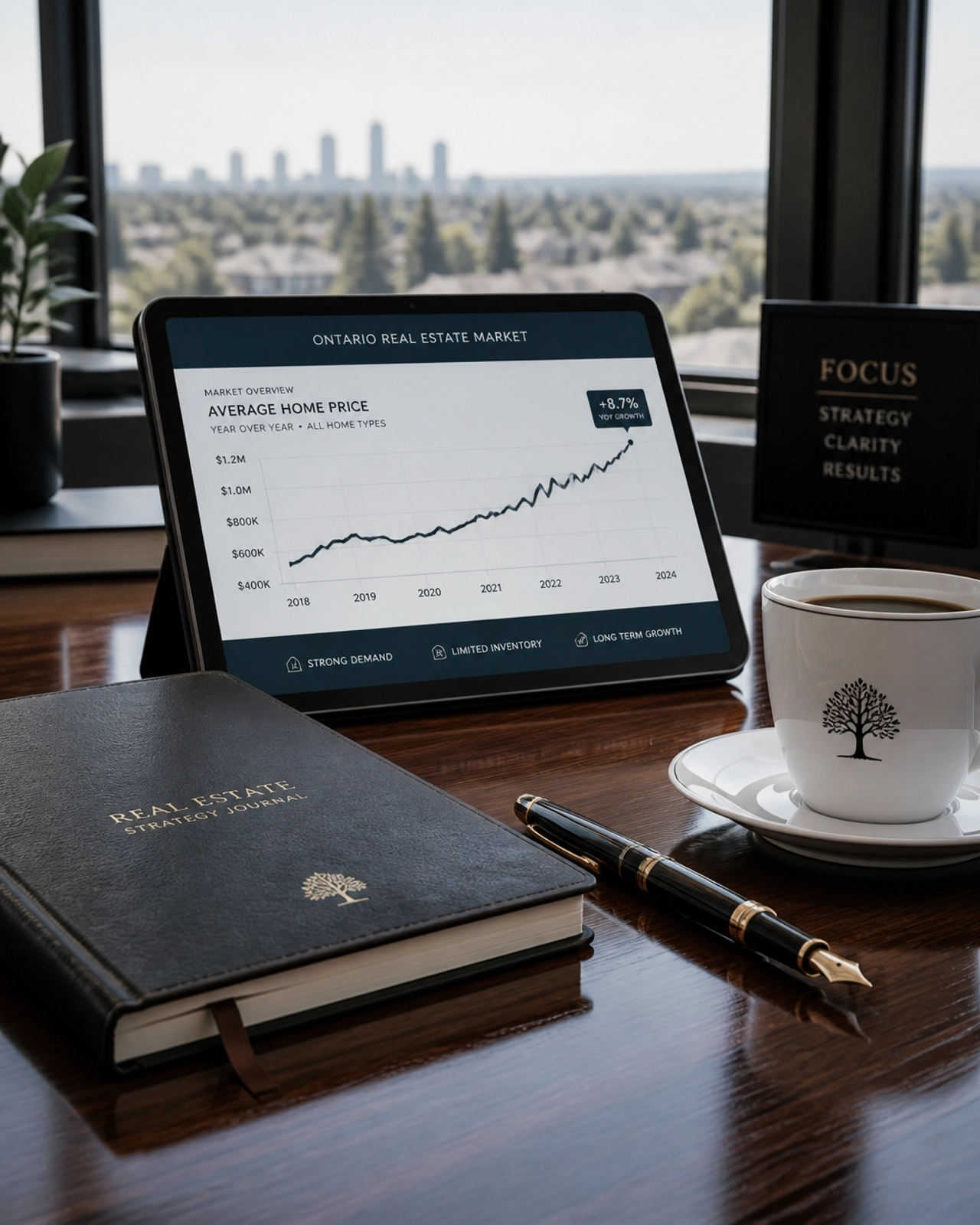 A professional workspace featuring a market analysis on a tablet, representing strategic real estate planning.