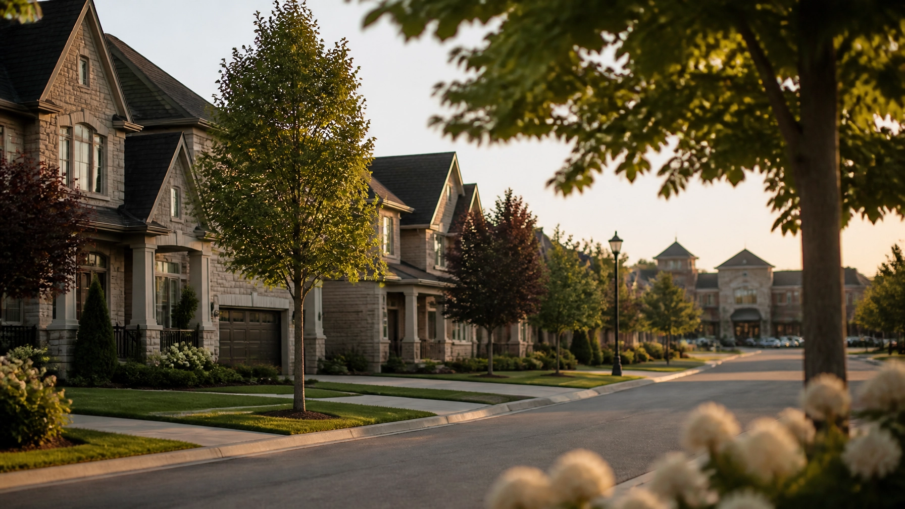 Suburban street scene in Markham, Ontario with mature trees and detached homes