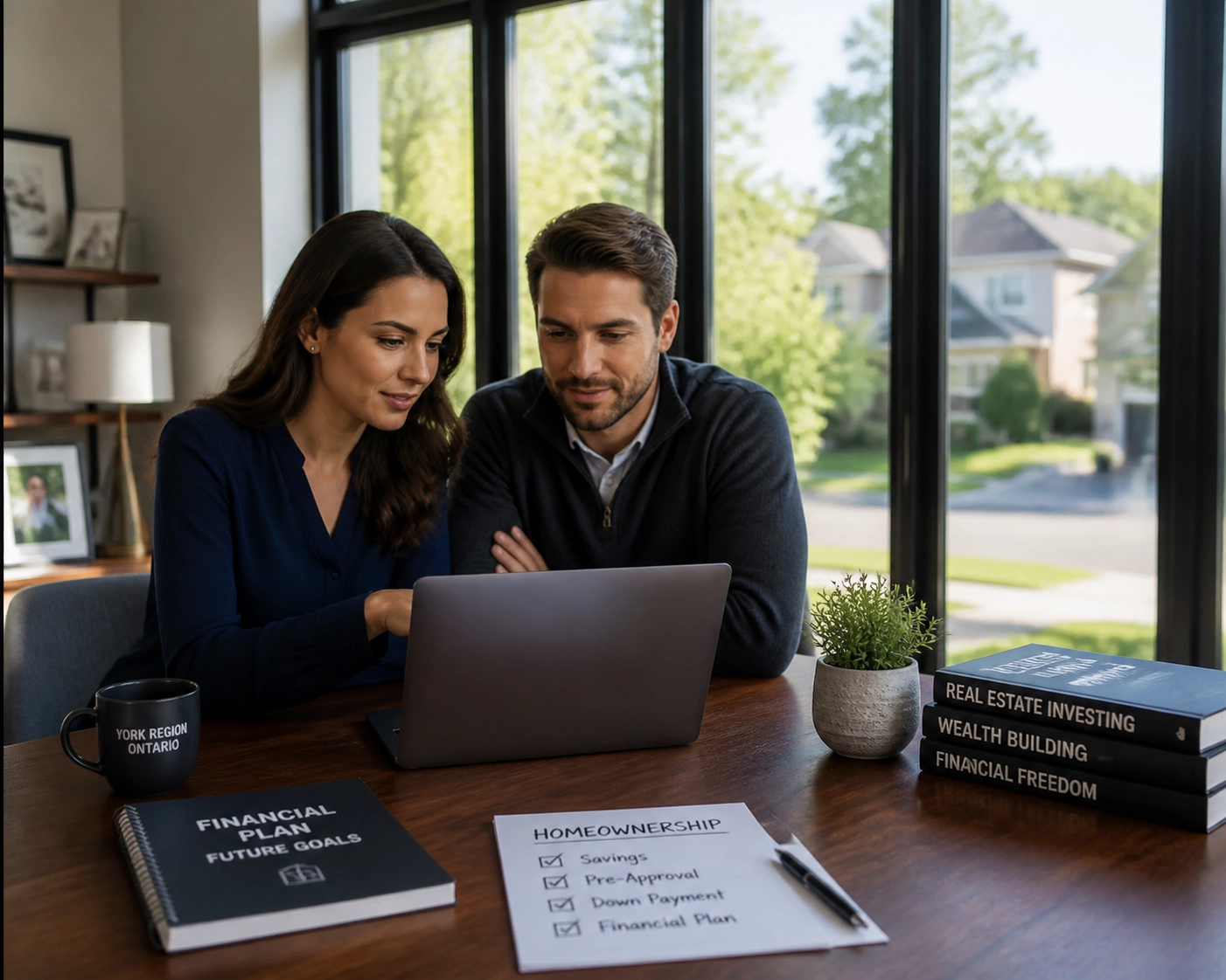 A couple in Ontario reviewing a financial plan for their first home purchase in the GTA.