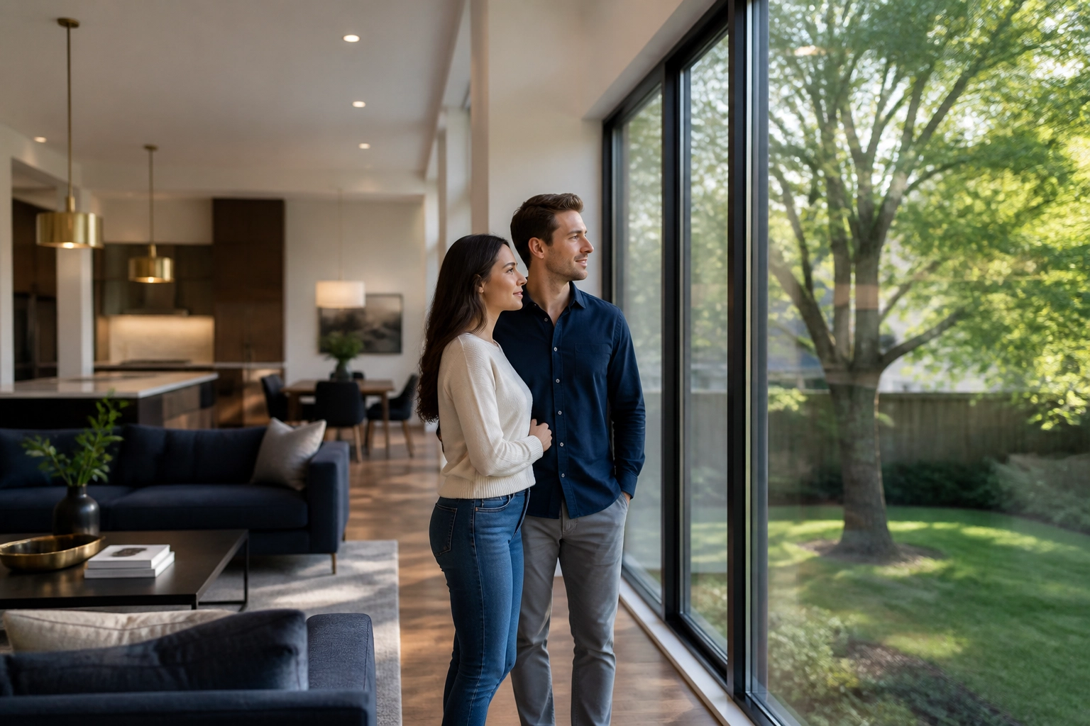 Couple planning future in a stable Ontario home overlooking a suburban backyard.