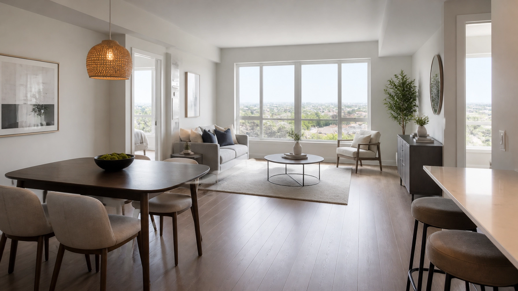 Bright purpose-built rental apartment interior with large windows and warm wood floors