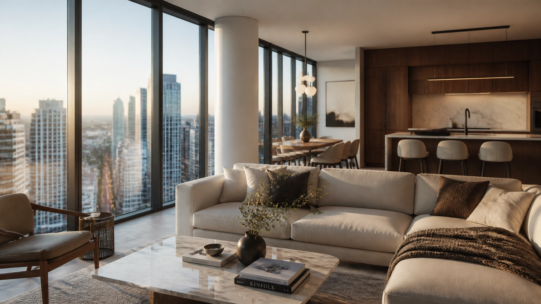 A luxury condo interior in North York with floor-to-ceiling windows overlooking the Yonge Street transit corridor.