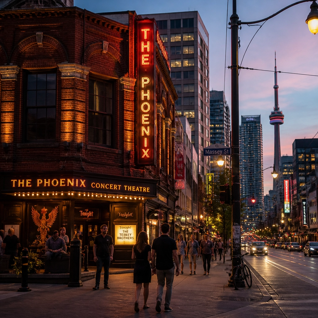 Historic music venue in Toronto at dusk, reflecting the city's vibrant cultural and music scene.