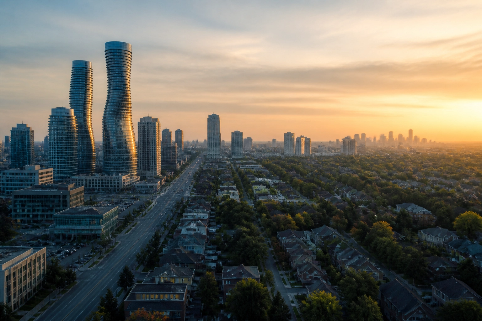 Mississauga skyline at dawn showing Absolute World towers and residential neighborhoods in the Ontario housing market.