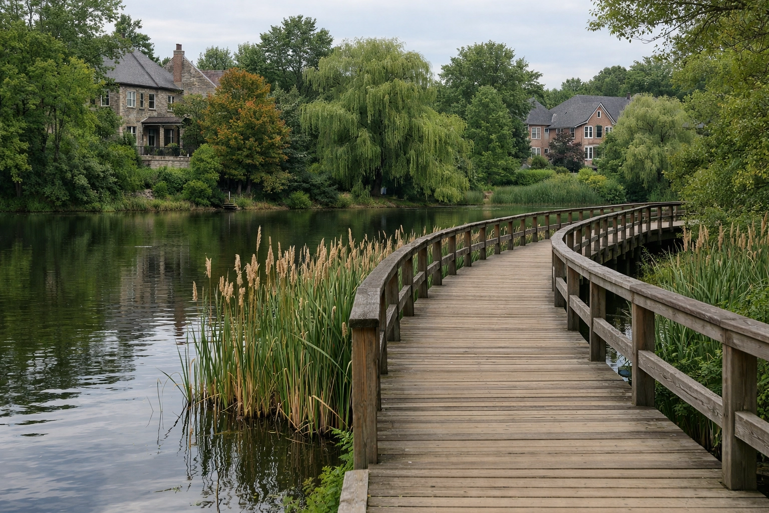 Editorial photography of Mill Pond Park boardwalk in Richmond Hill, Ontario.