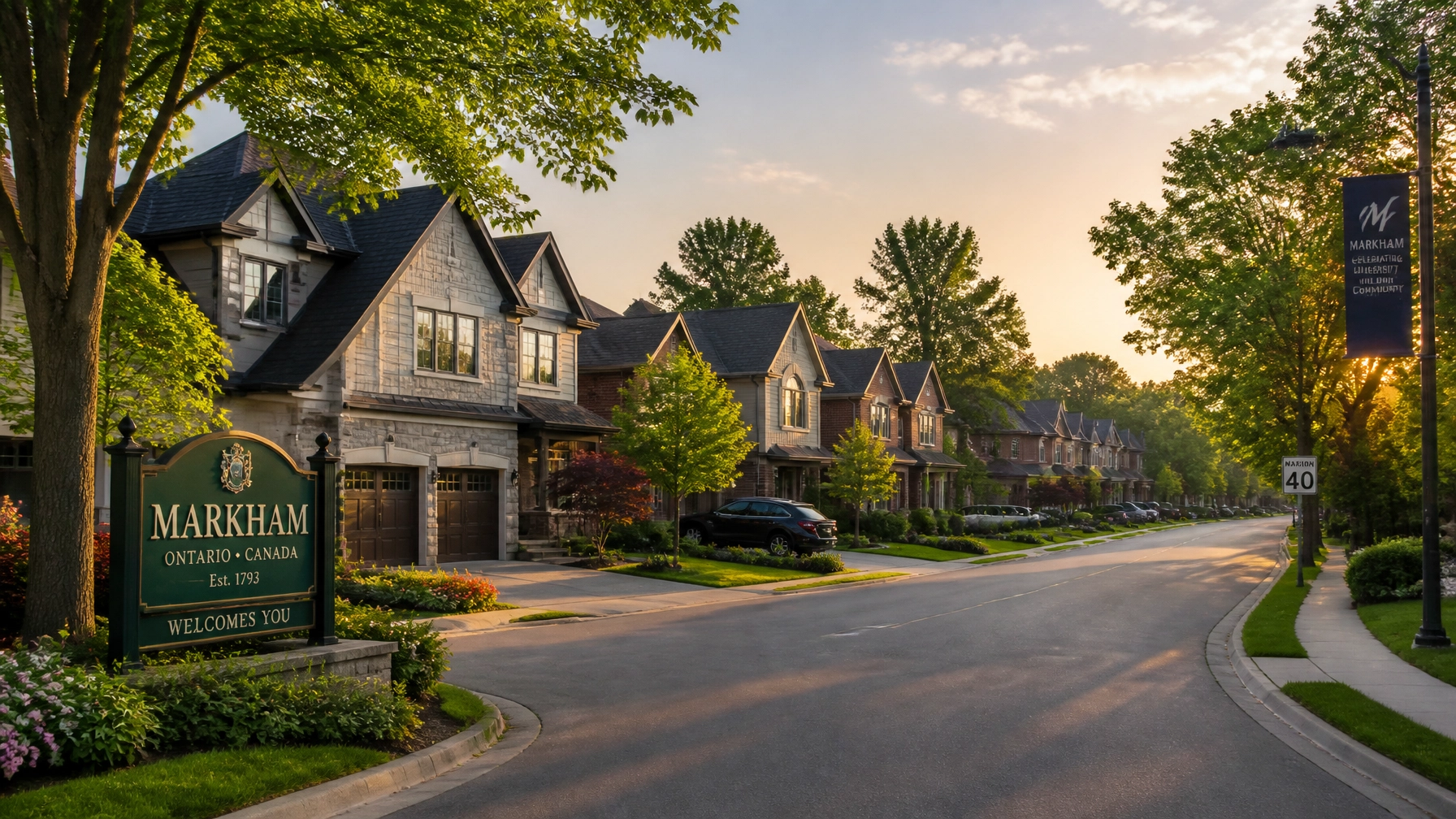 A serene suburban street in Markham representing community stability and steady growth