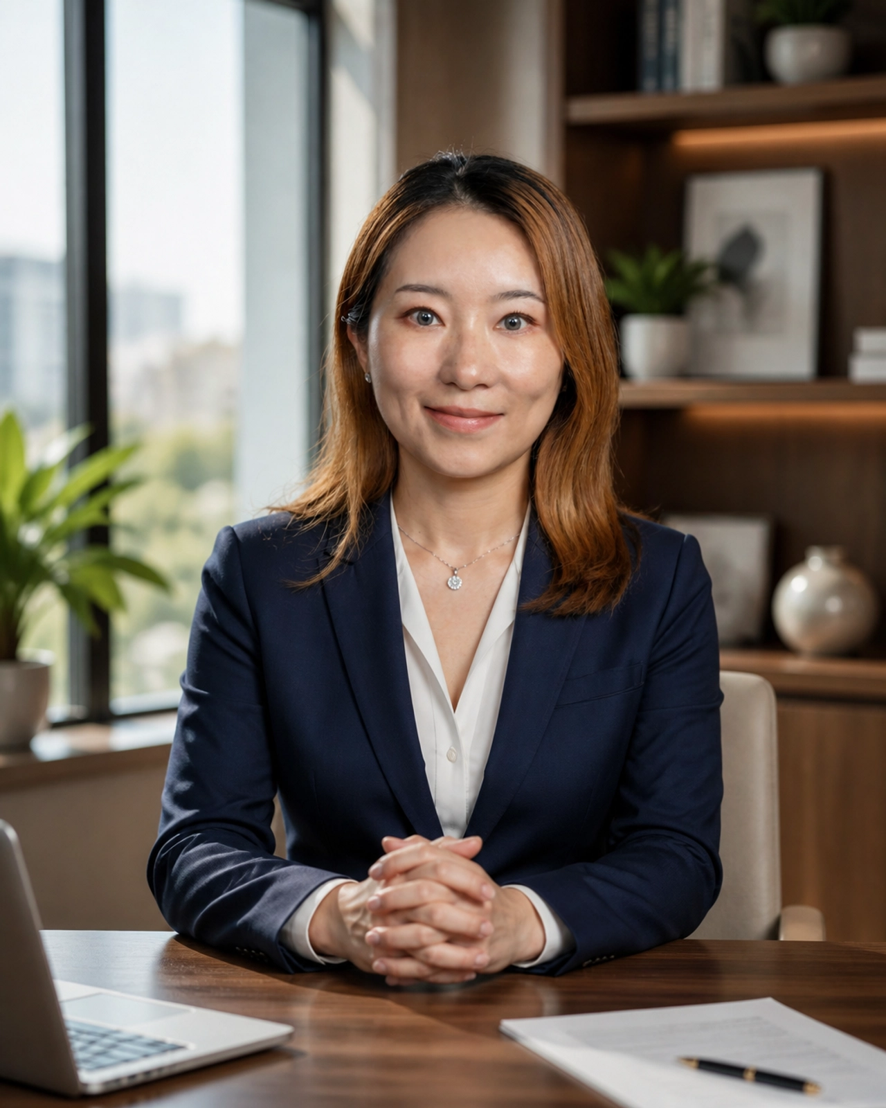 Cathy Dou, Broker of Record, providing professional and strategic advice in a modern, corporate setting.