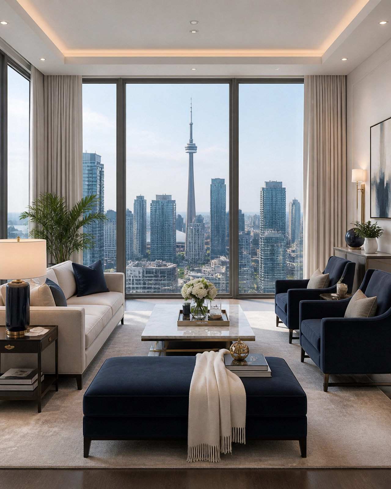 Modern interior of a Toronto condo overlooking the city skyline, representing high-quality investment stock.