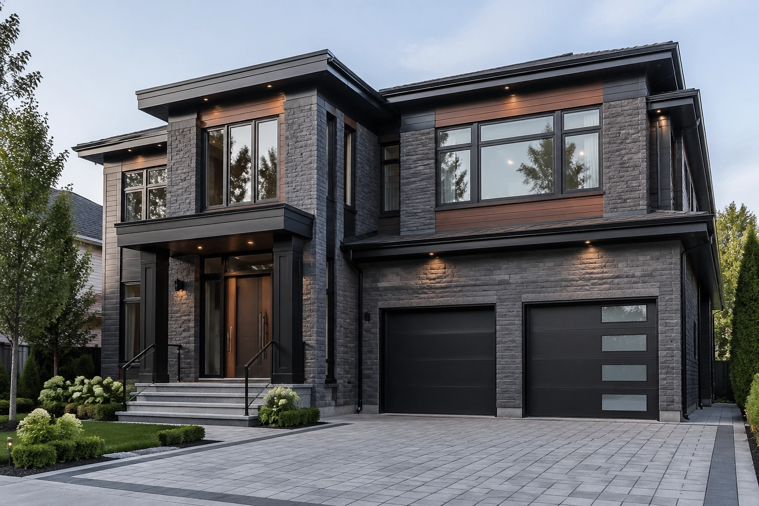 Modern luxury detached house for sale in Woodbridge Vaughan with stone accents and paved driveway.