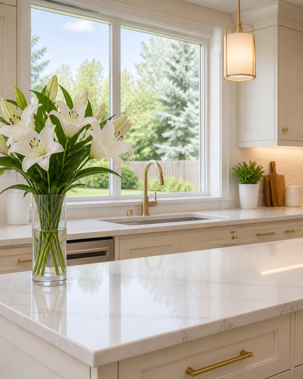 A modern, high-end Ontario kitchen featuring marble countertops and natural light