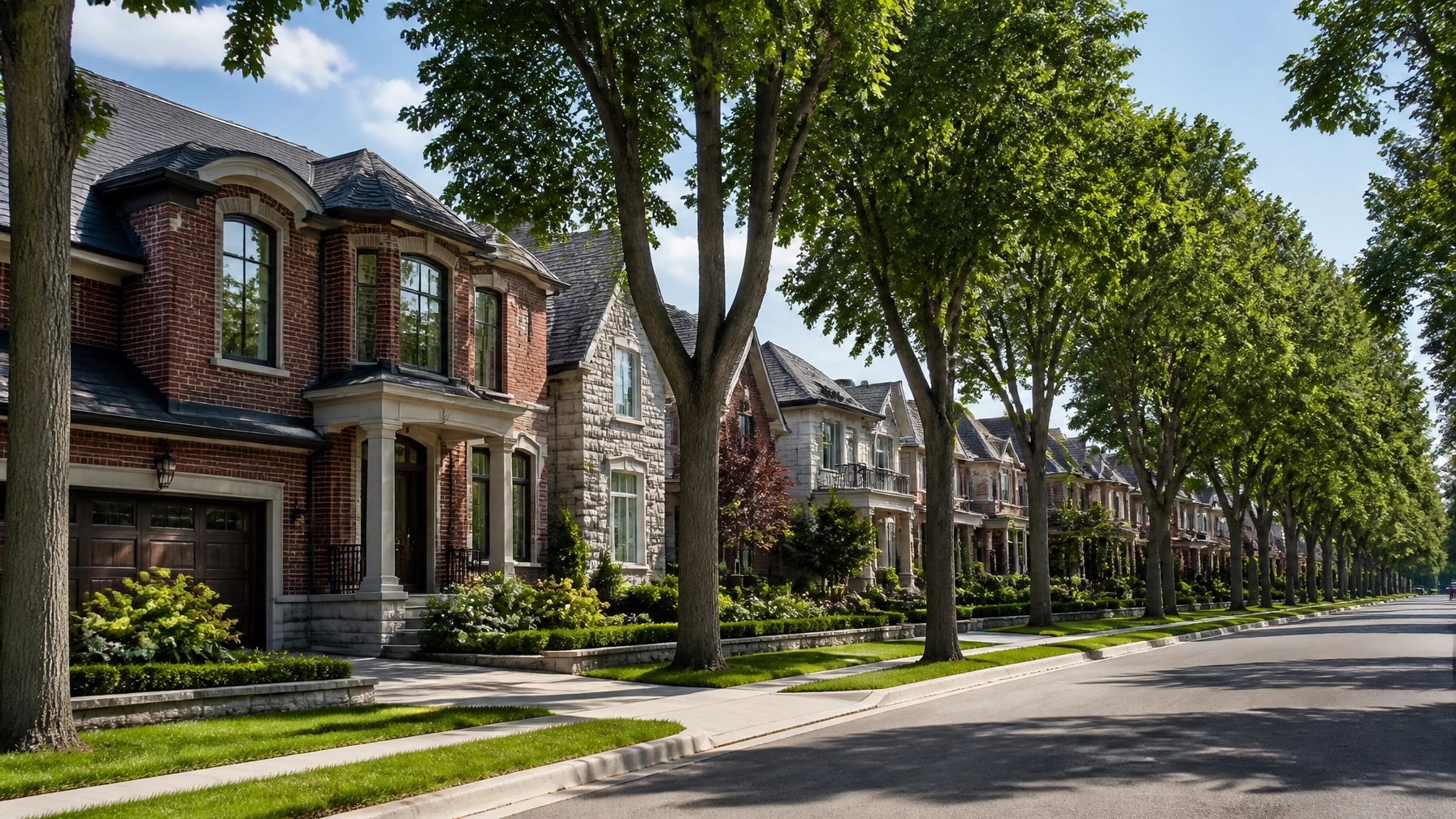 A prestigious residential street in Richmond Hill, Ontario, showing mature trees and well-maintained detached homes under clear afternoon skies.