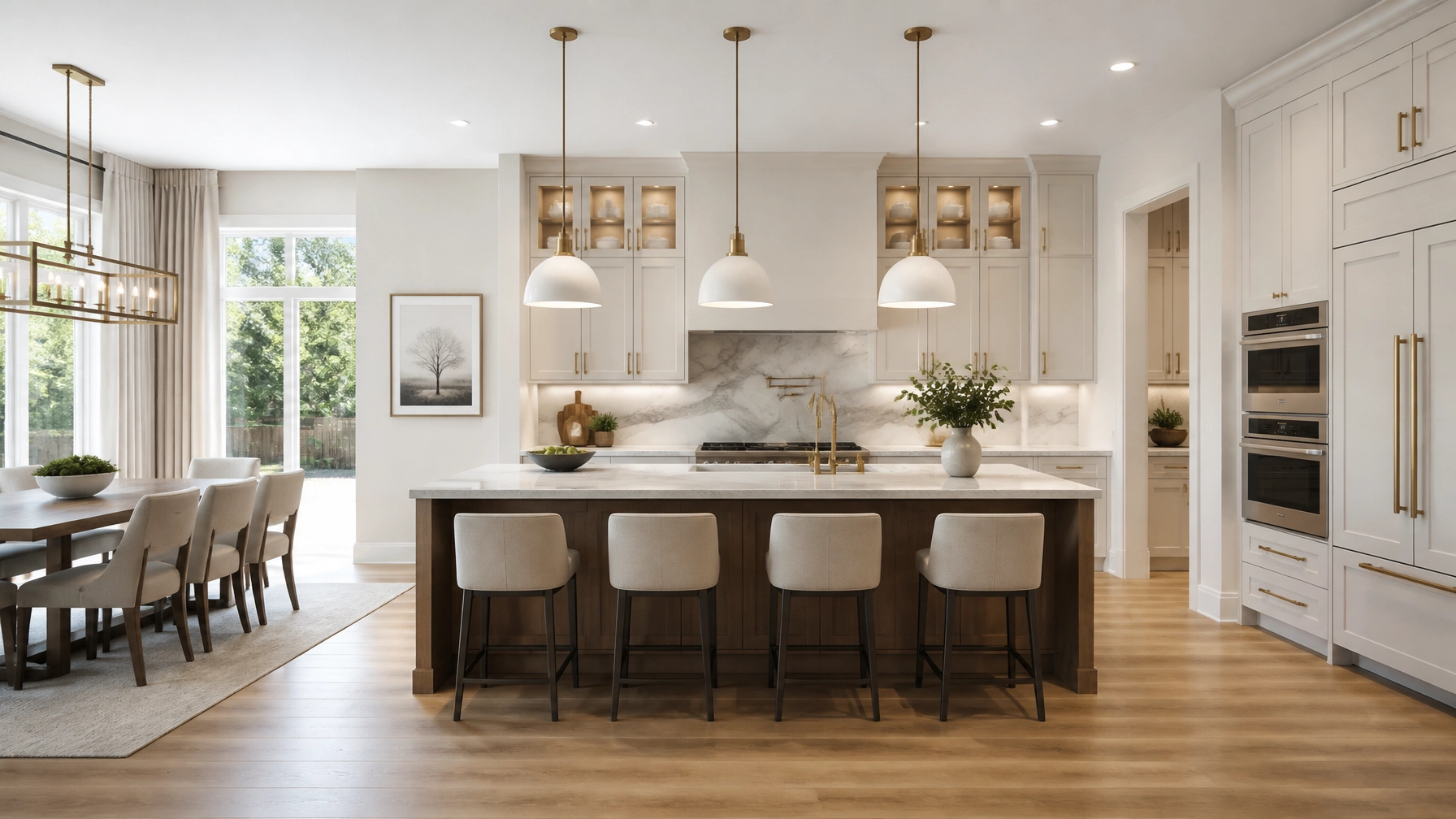 A wide-angle shot of a high-end kitchen and dining area in a Markham home, showcasing clean lines and natural light to emphasize clarity and professional standards.