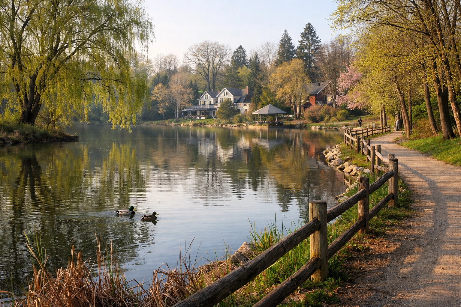 Scenic Mill Pond park in Richmond Hill with walking trails and mature trees in spring.