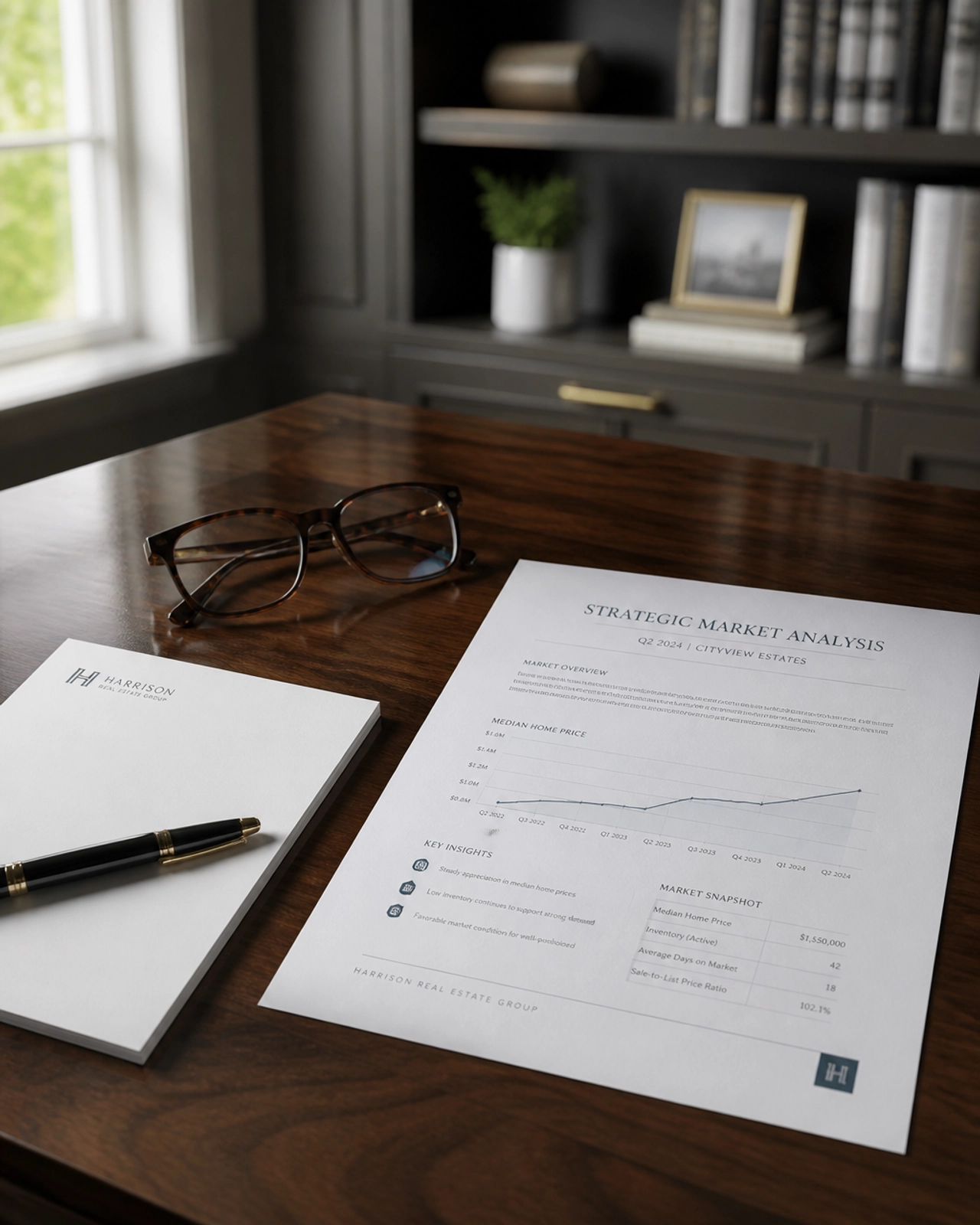 A close-up of a high-end walnut desk with a strategic market analysis document, emphasizing the importance of data-driven real estate decisions.