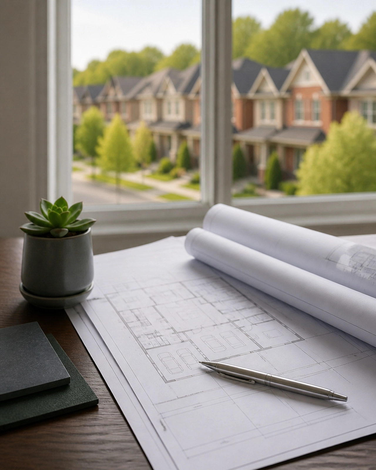 Strategic planning for Ontario real estate investment featuring blueprints and architectural elements